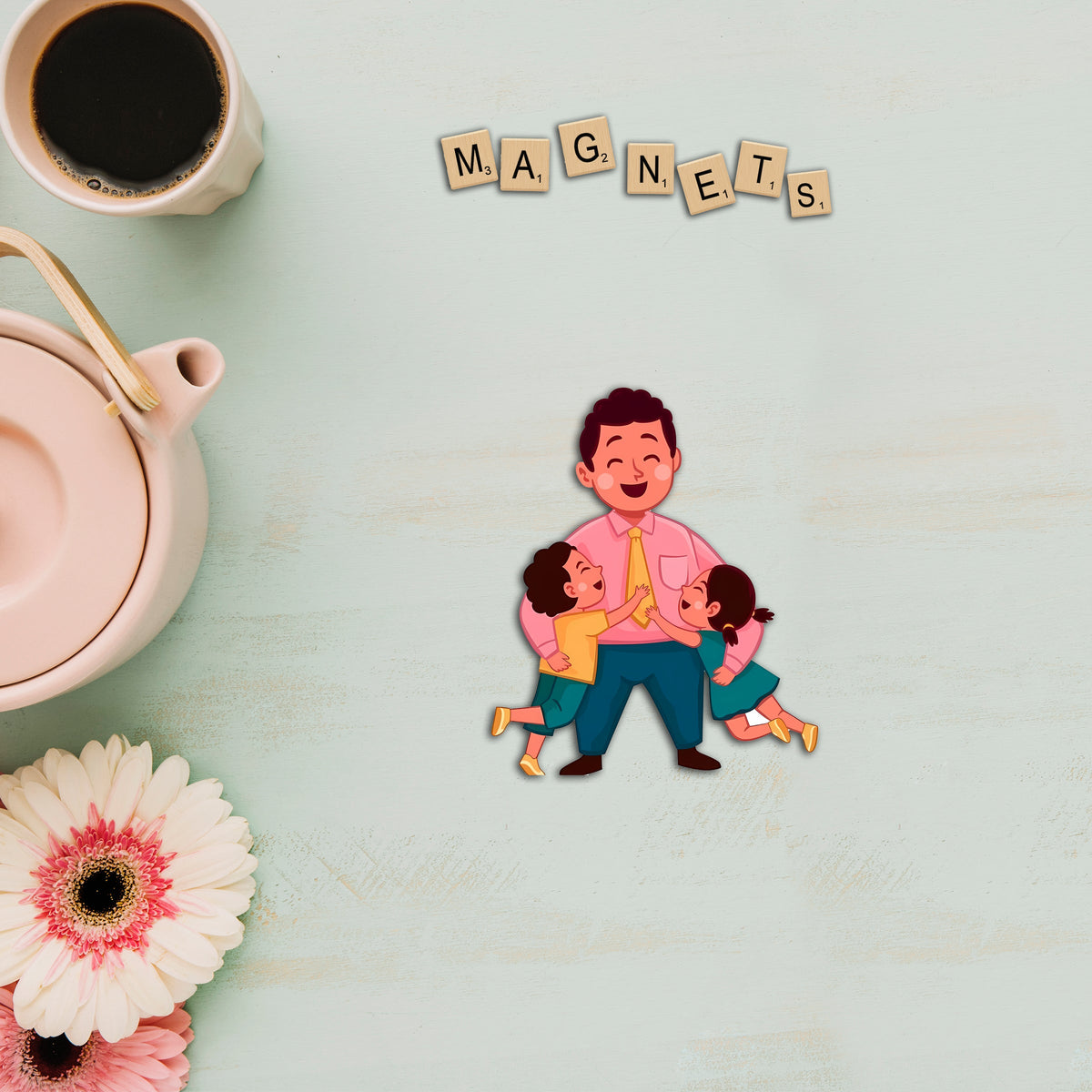 Wooden Fridge Magnet - Children with Father