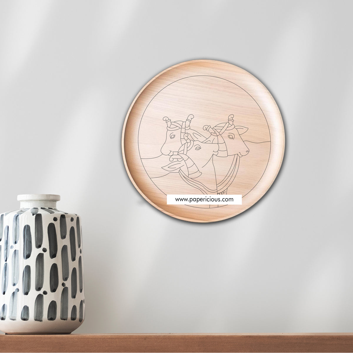 Wooden Wall Plate - Pichwai Art 3 Cows