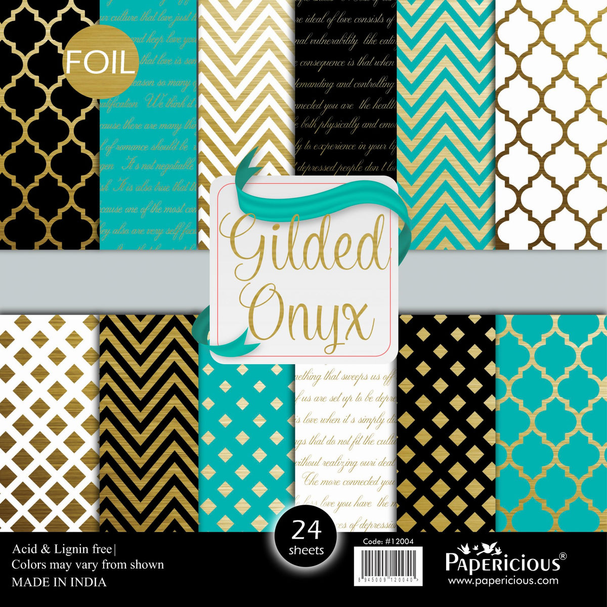Papericious - Gilded Onyx - Golden Foiled Designer Pattern Printed Scrapbook Papers 12x12 inch / 24 sheets