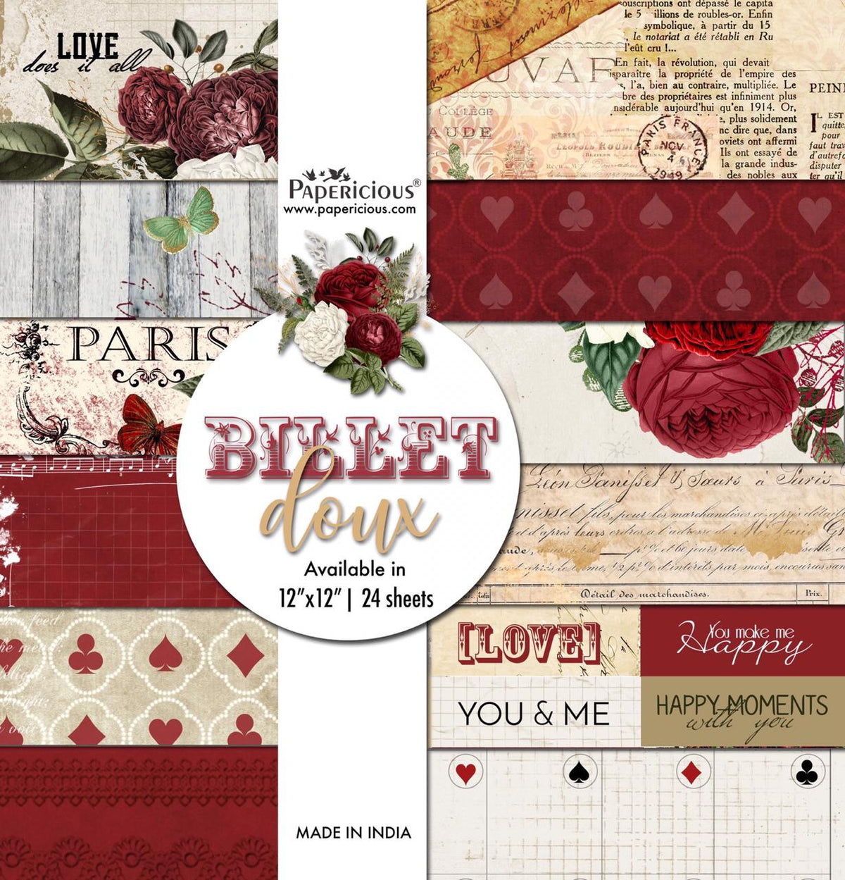 PAPERICIOUS - Billet Doux - Designer Pattern Printed Scrapbook Papers 12x12 inch / 24 sheets