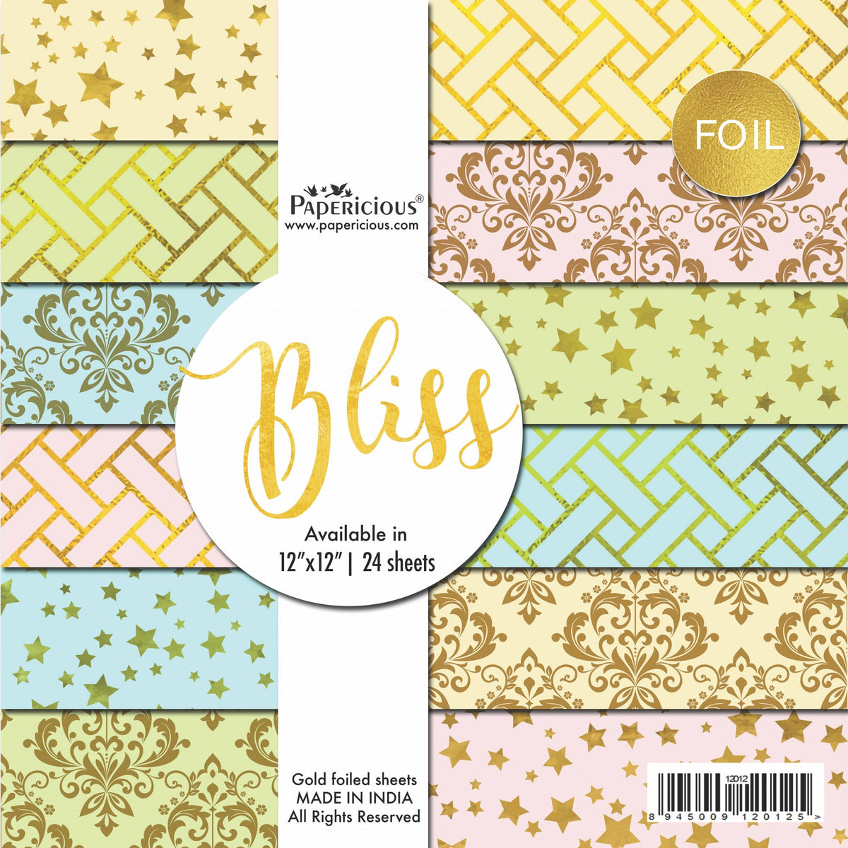 PAPERICIOUS - Bliss - Golden Foiled Designer Pattern Printed Scrapbook Papers 12x12 inch / 24 sheets