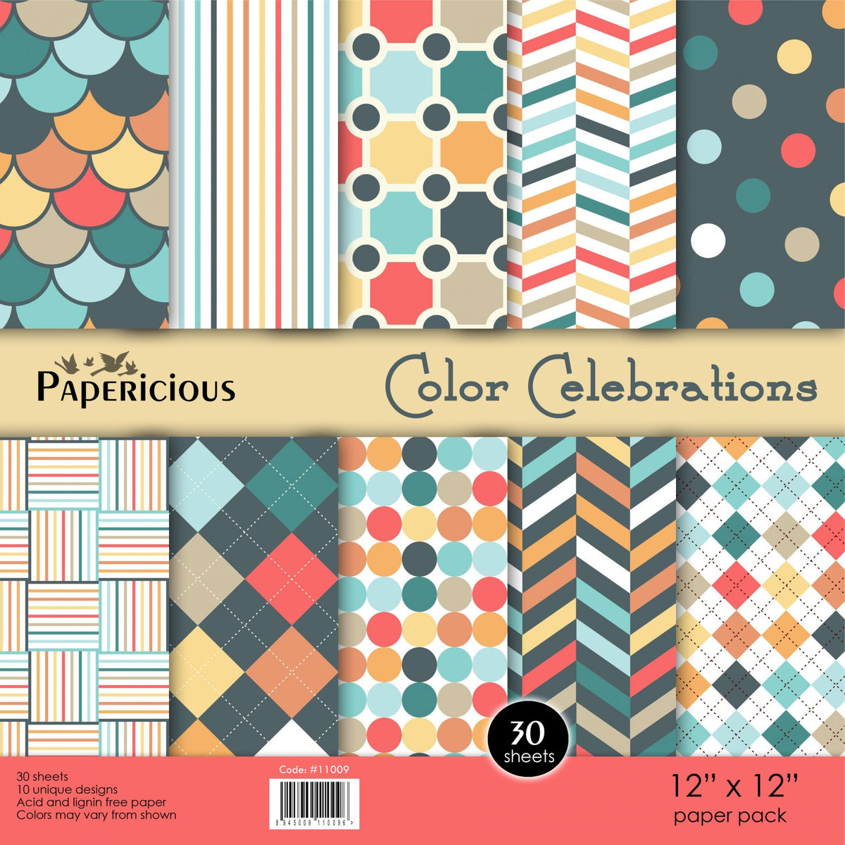 PAPERICIOUS - Color Celebration - Designer Pattern Printed Scrapbook Papers / 30 Sheets