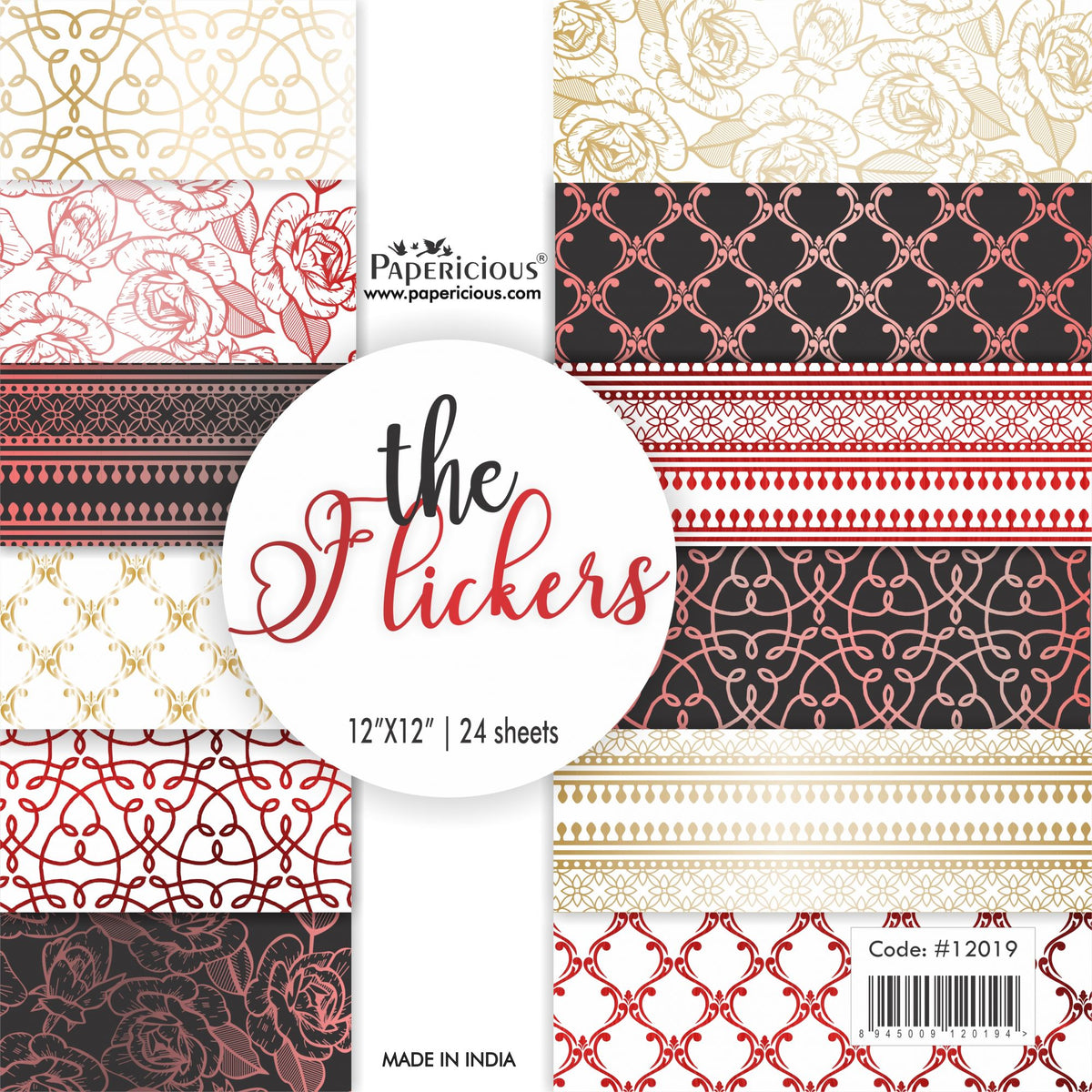 PAPERICIOUS - The Flickers - Golden Rosegold and Red Foiled Designer Pattern Printed Scrapbook Papers 12x12 inch / 24 sheets