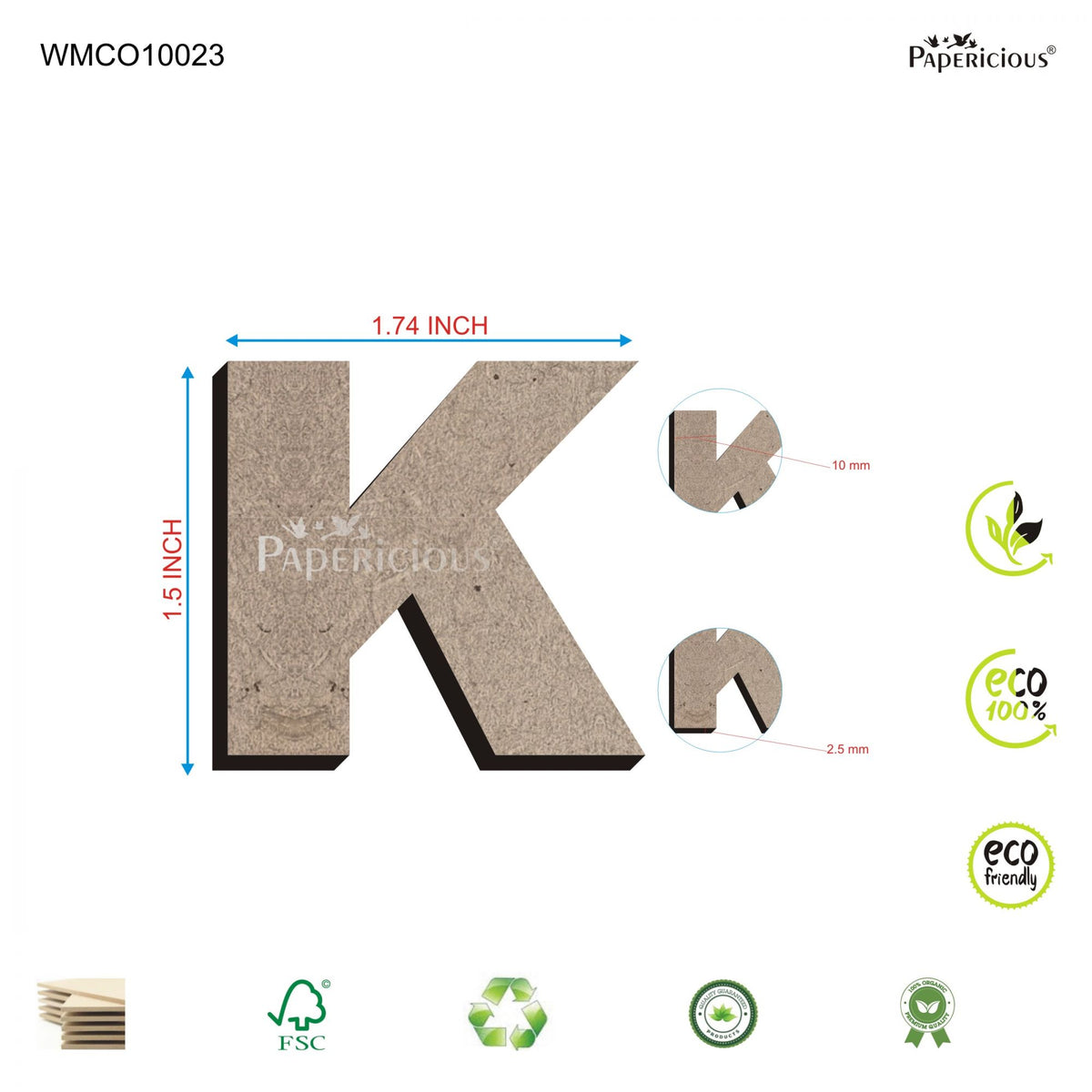 PAPERICIOUS 1.5 inch MDF Capital Letter Alphabet - K