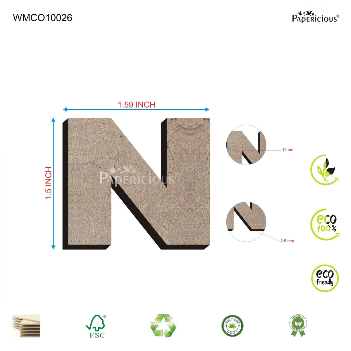 PAPERICIOUS 1.5 inch MDF Capital Letter Alphabet - N