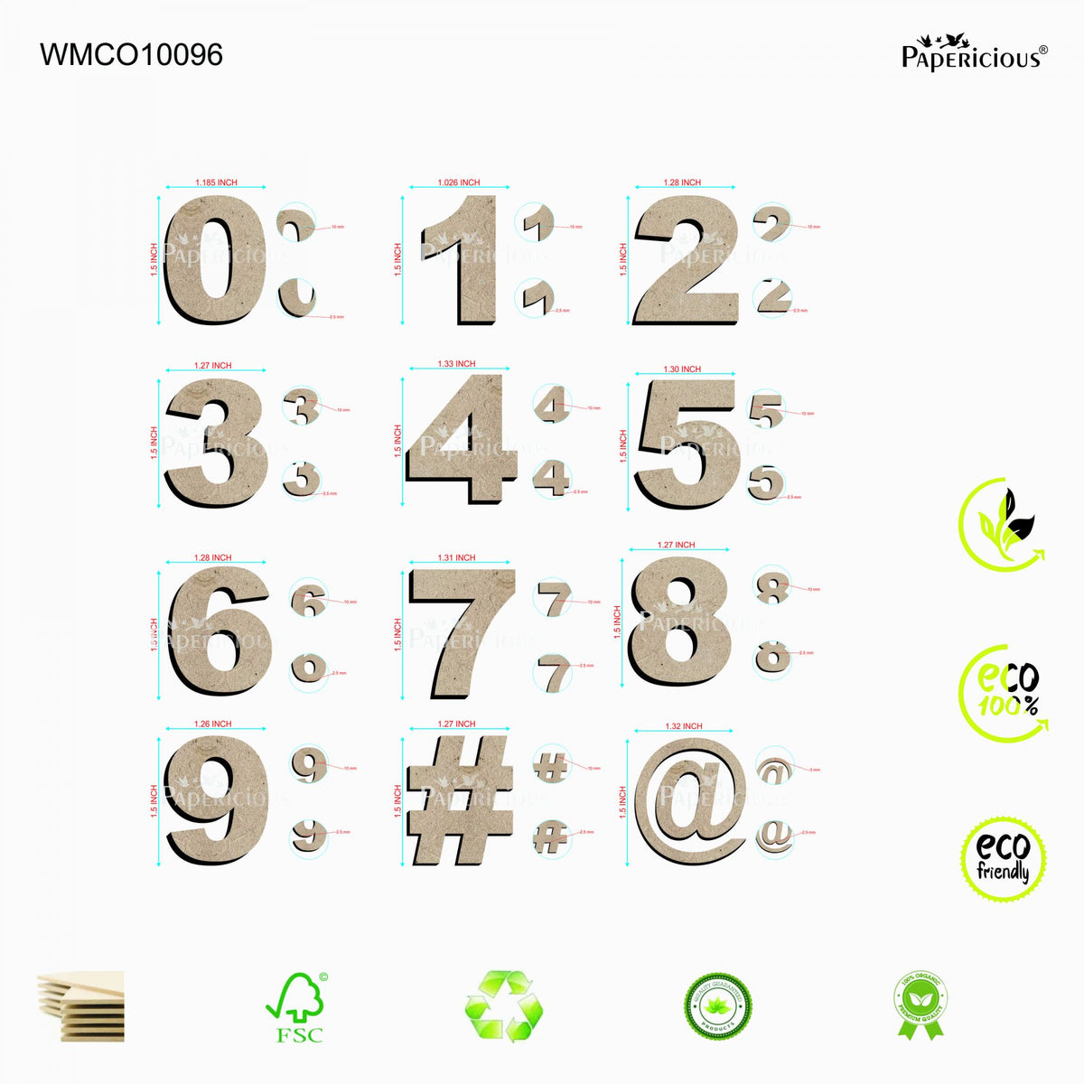 PAPERICIOUS 1.5 inch MDF Numeral - 0 to 9 - Set of 4