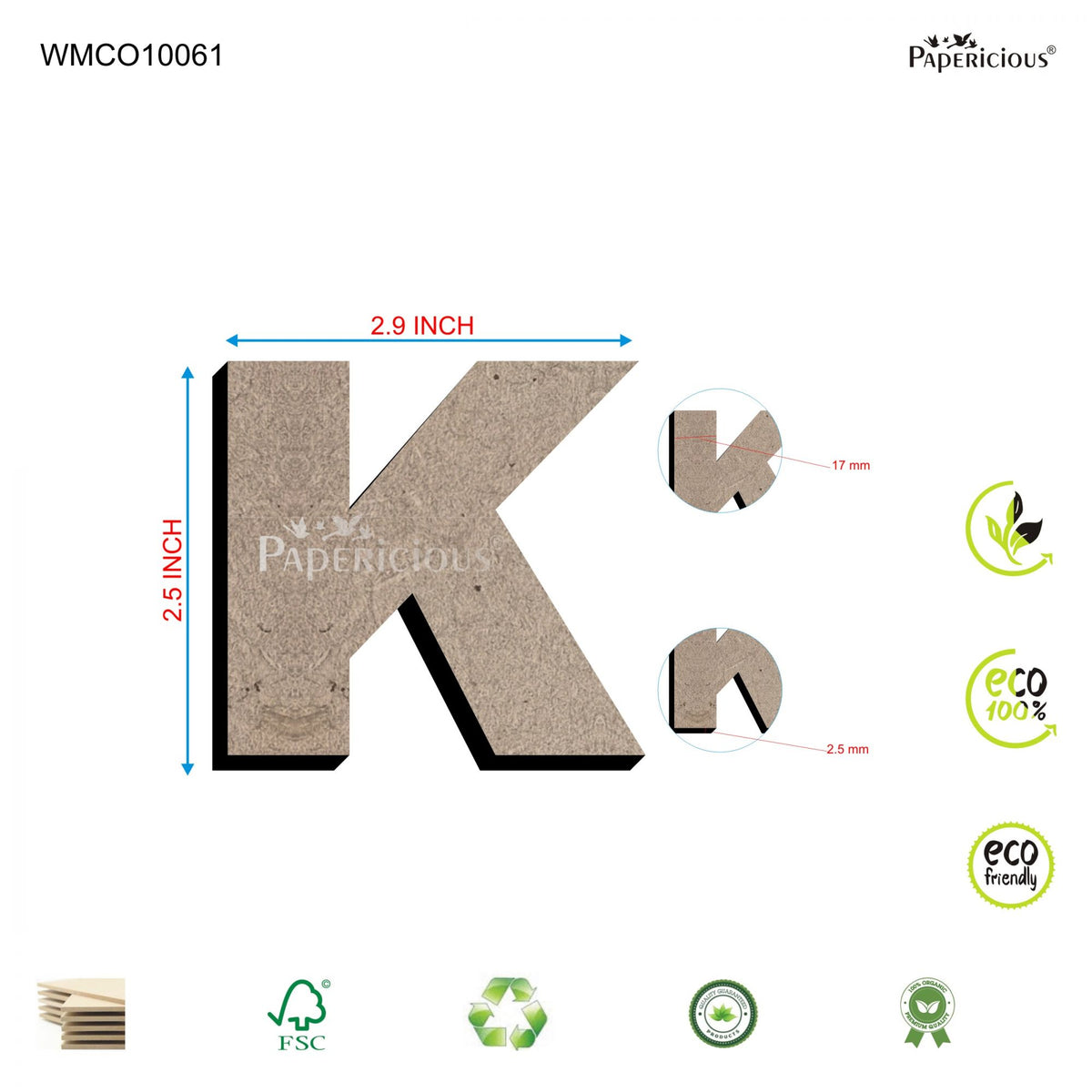 PAPERICIOUS 2.5 inch MDF Capital Letter Alphabet - K