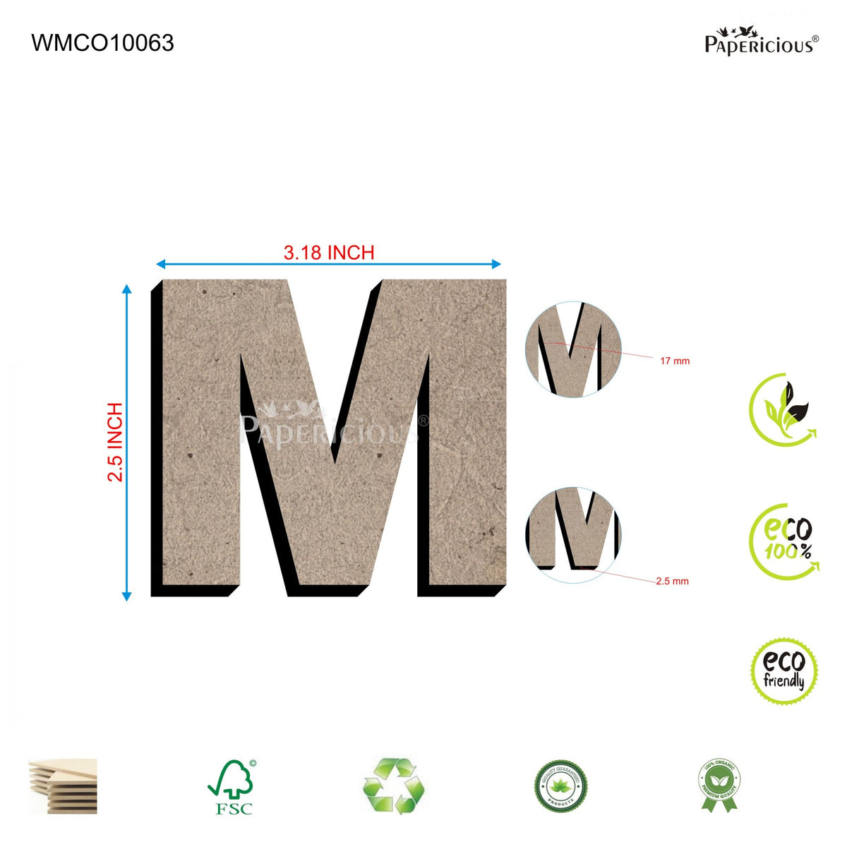 PAPERICIOUS 2.5 inch MDF Capital Letter Alphabet - M