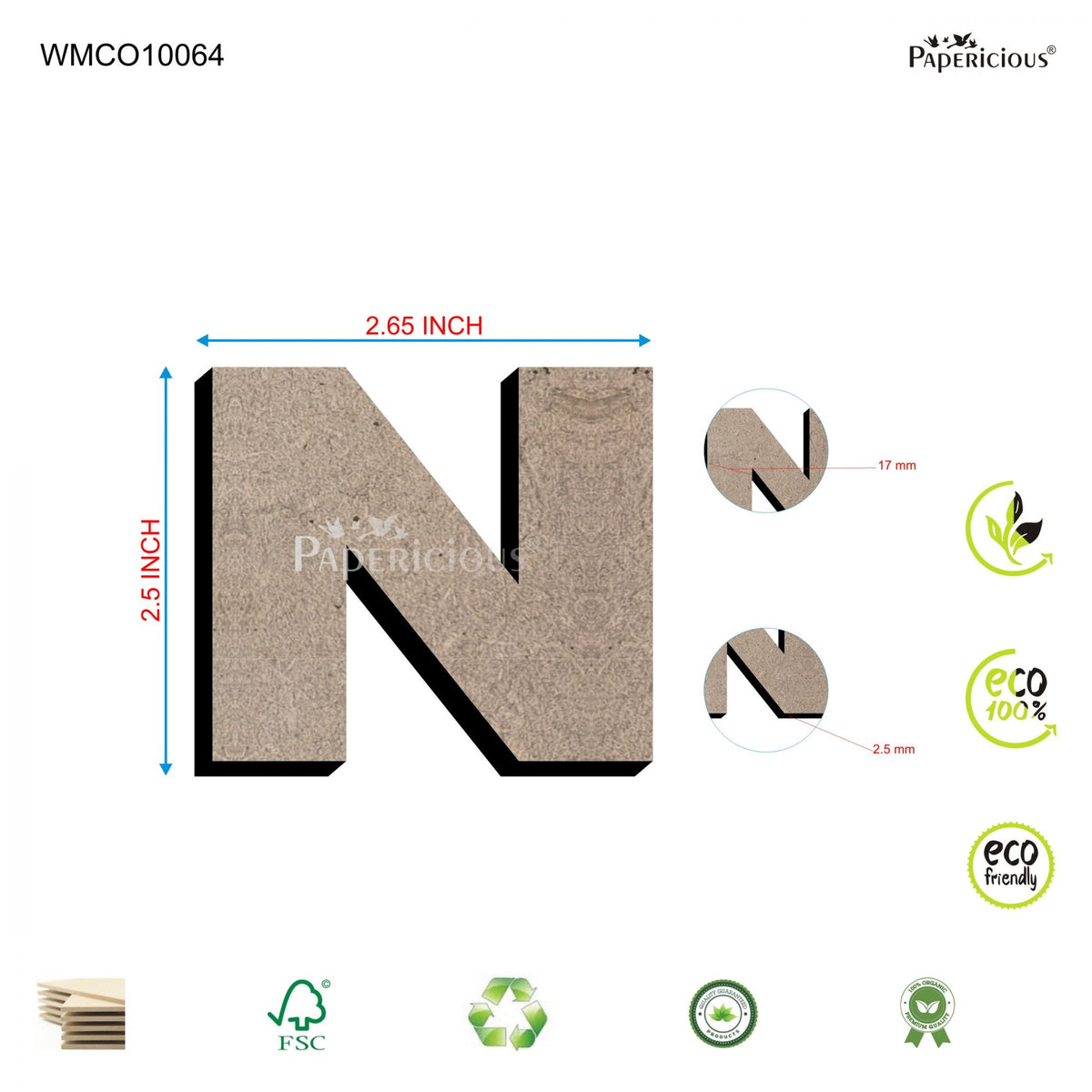 PAPERICIOUS 2.5 inch MDF Capital Letter Alphabet - N