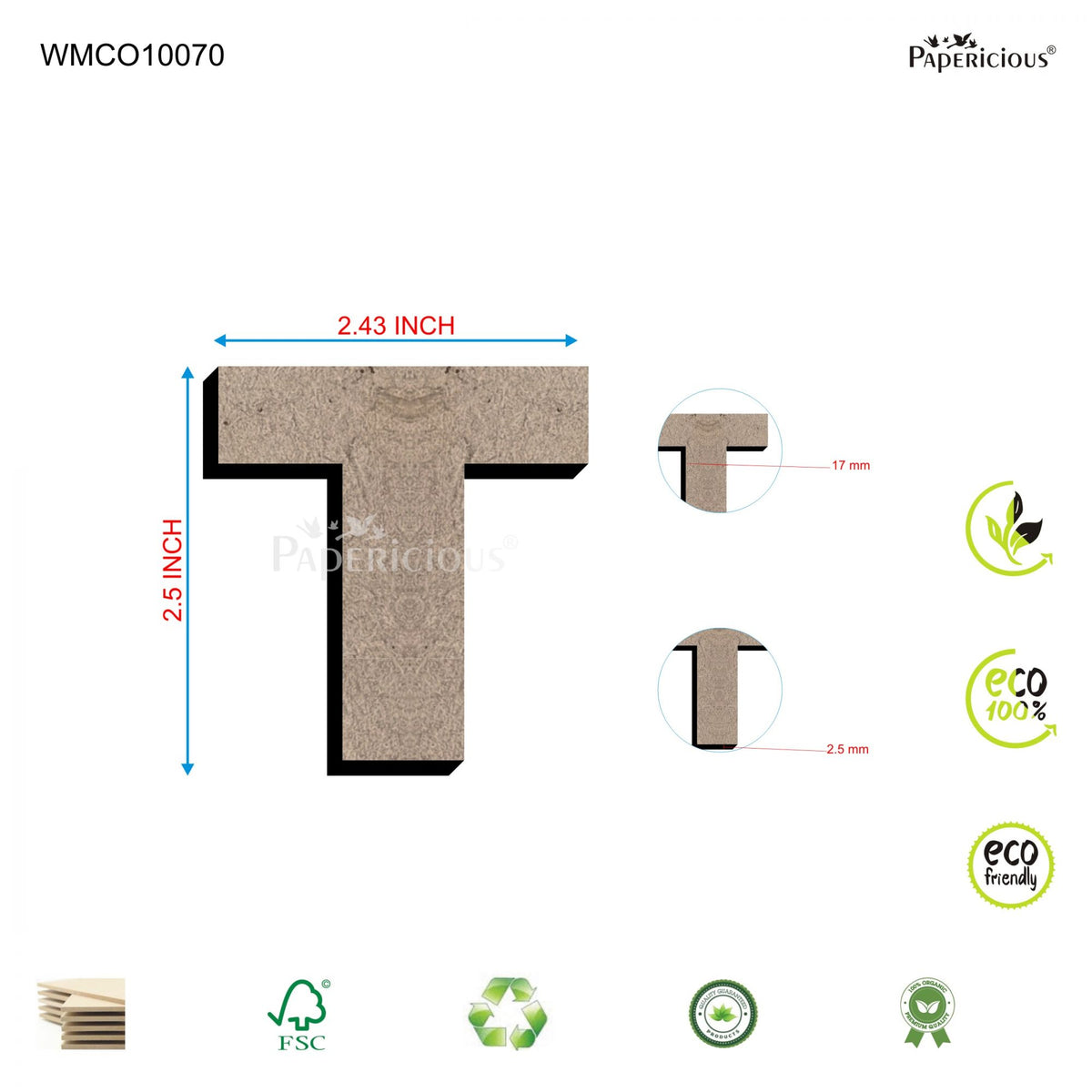 PAPERICIOUS 2.5 inch MDF Capital Letter Alphabet - T