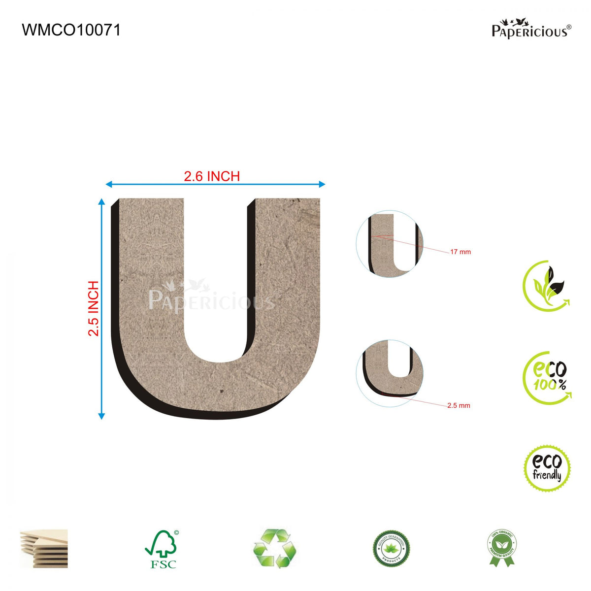 PAPERICIOUS 2.5 inch MDF Capital Letter Alphabet - U