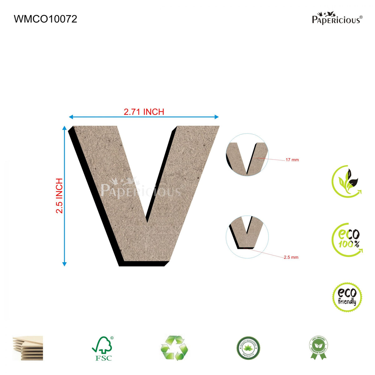 PAPERICIOUS 2.5 inch MDF Capital Letter Alphabet - V