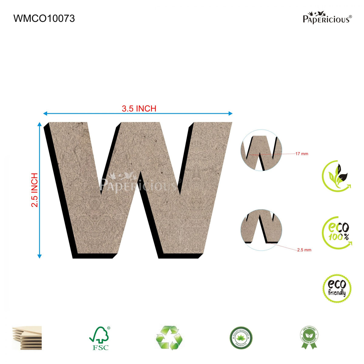 PAPERICIOUS 2.5 inch MDF Capital Letter Alphabet - W