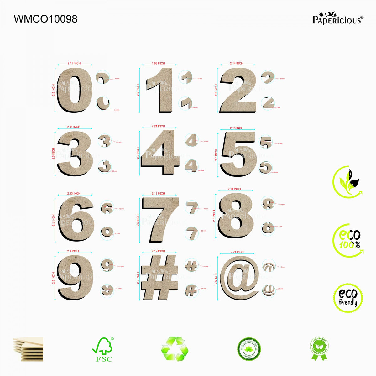 PAPERICIOUS 2.5 inch MDF Numeral - 0 to 9 - Set of 4