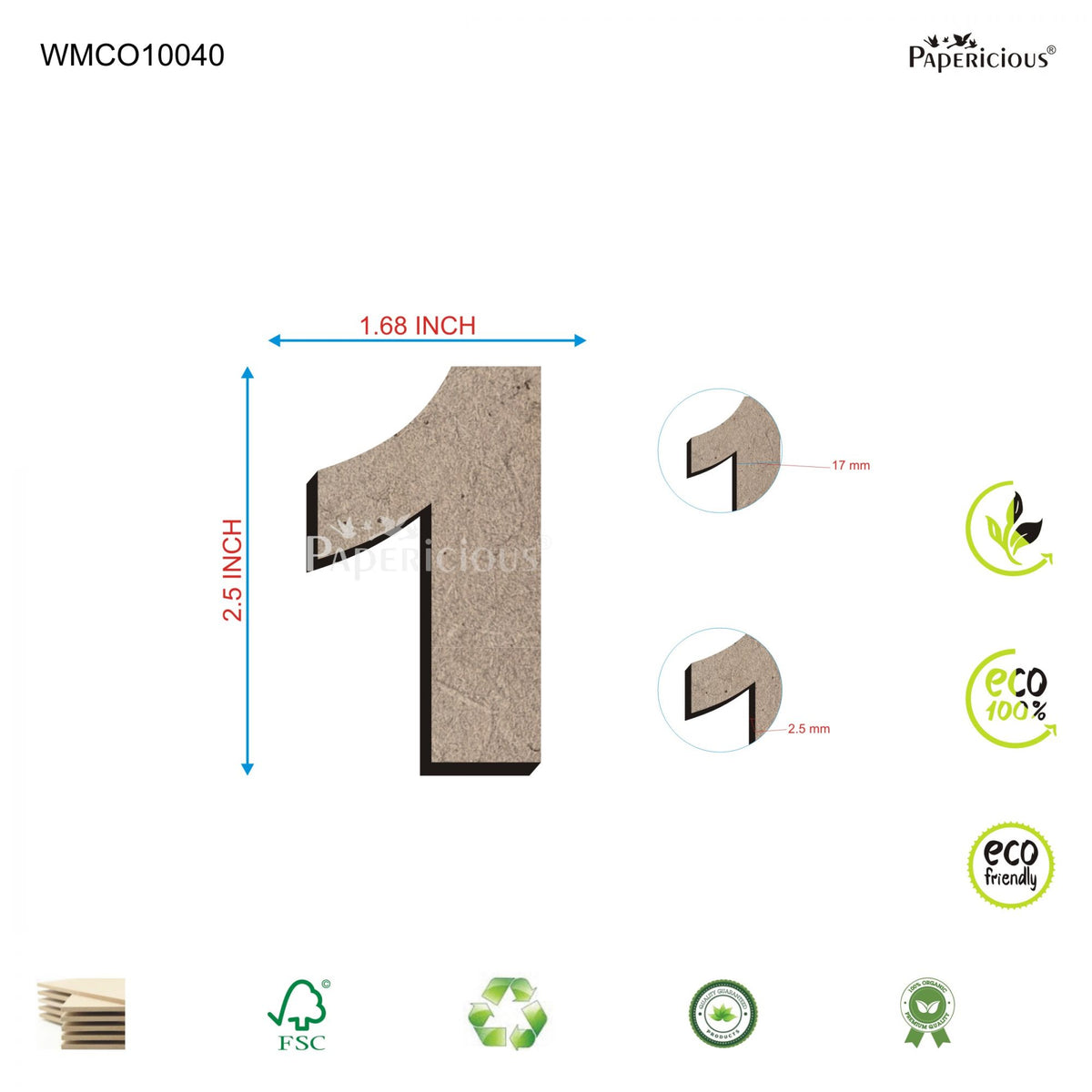 PAPERICIOUS 2.5 inch MDF Numeral - 1