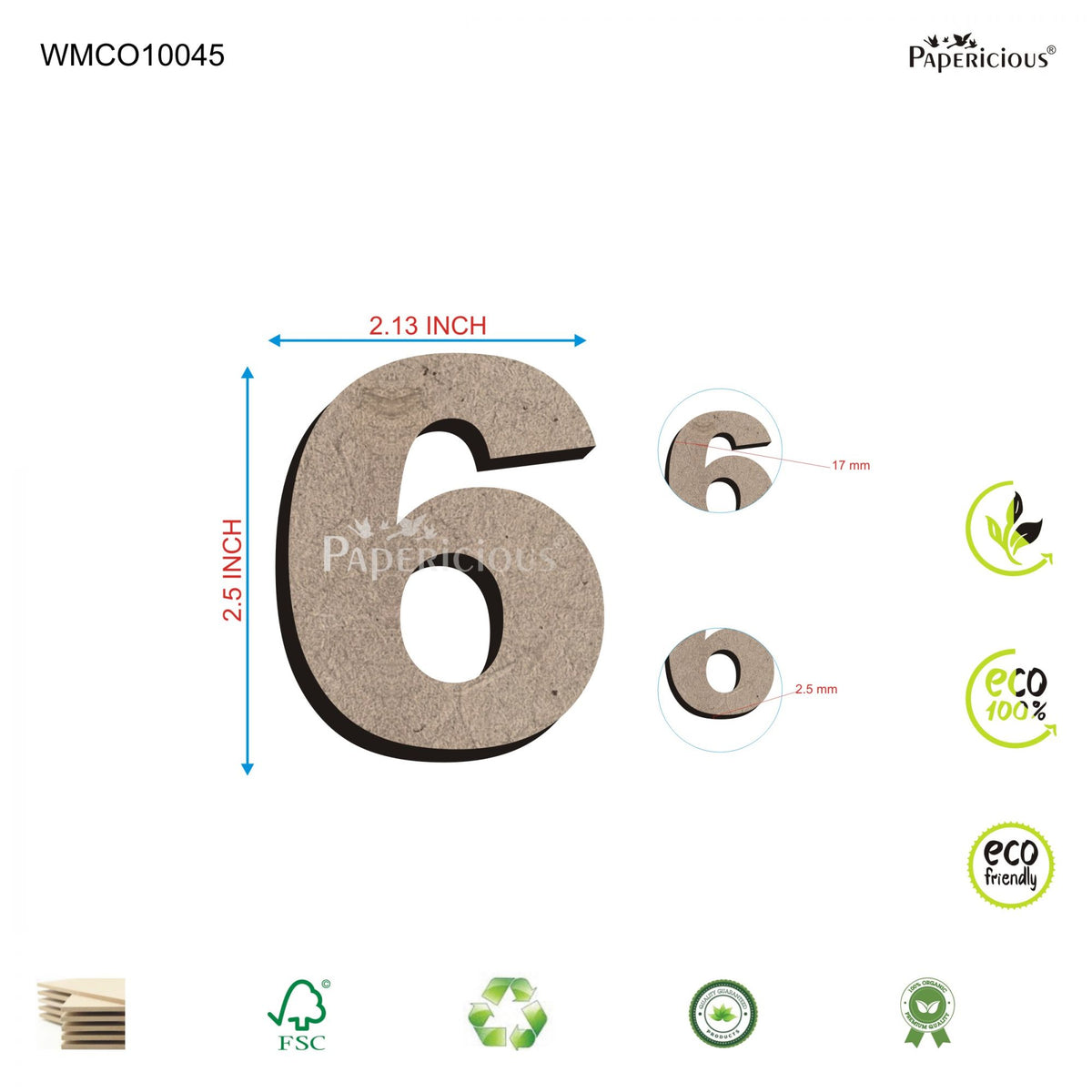 PAPERICIOUS 2.5 inch MDF Numeral - 6