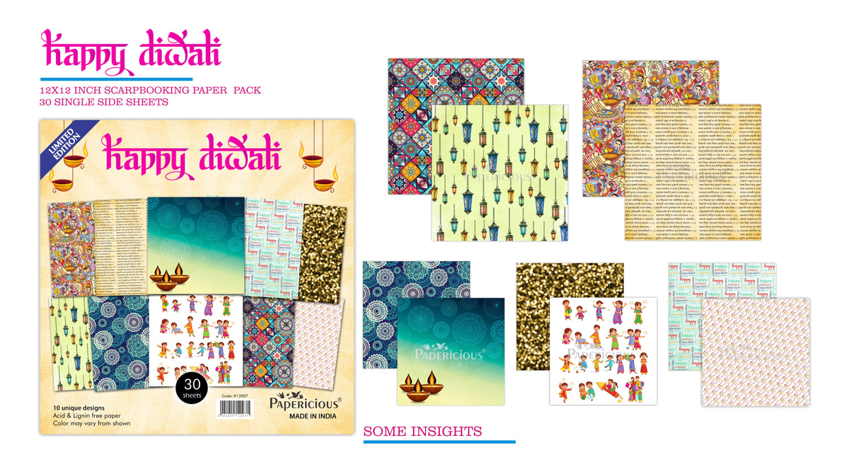 PAPERICIOUS - Happy Diwali -  Designer Pattern Printed Scrapbook Papers 12x12 inch  / 20 sheets