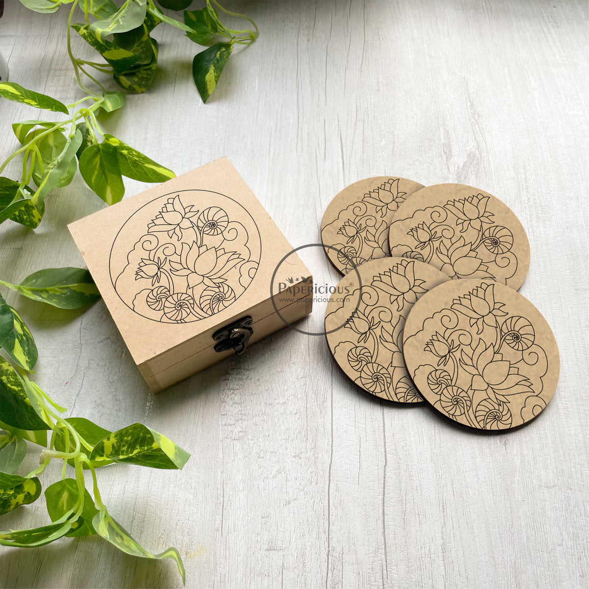 Premarked MDF Coasters with Box - Lotus With Buds