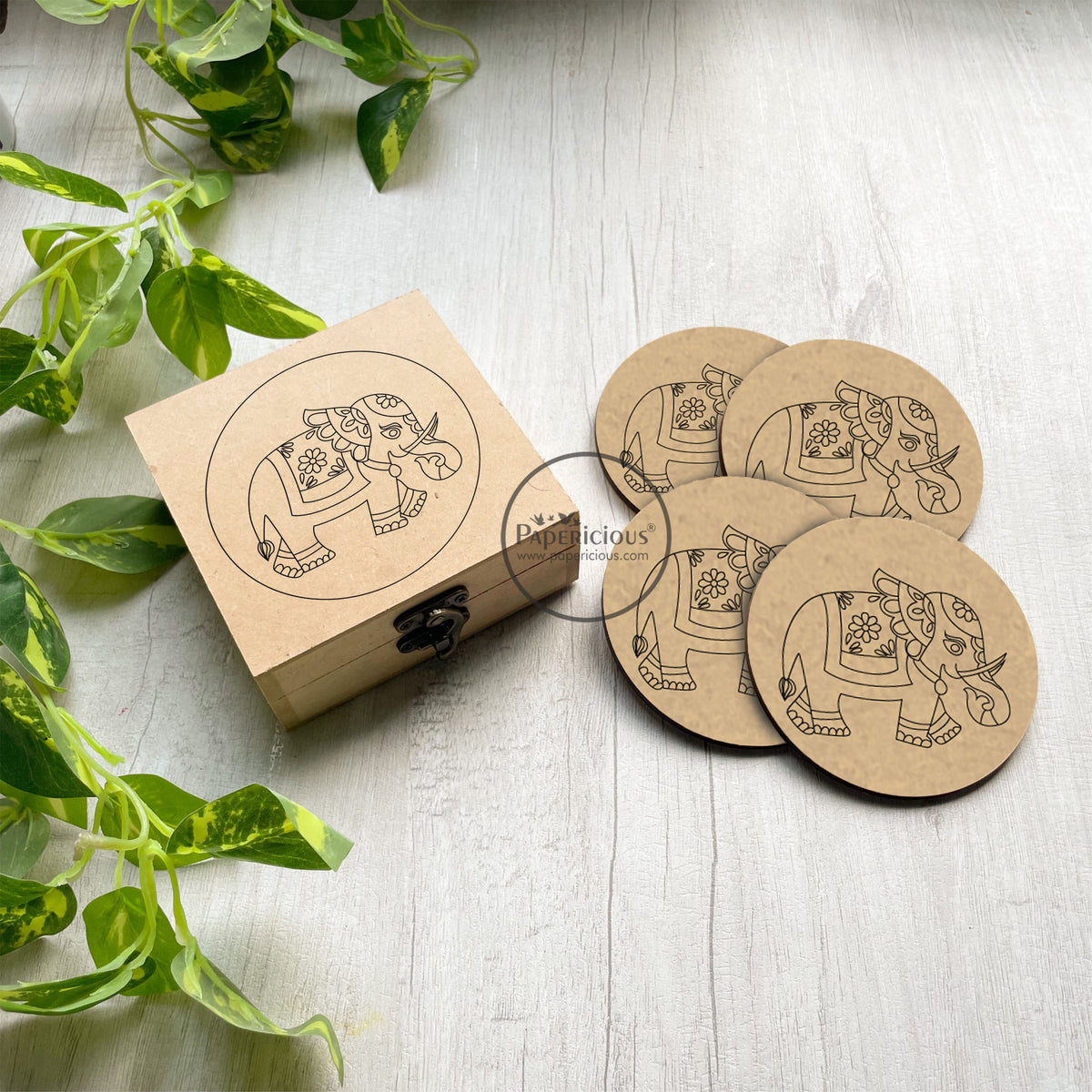 Premarked MDF Coasters with Box - Elephant Mandala