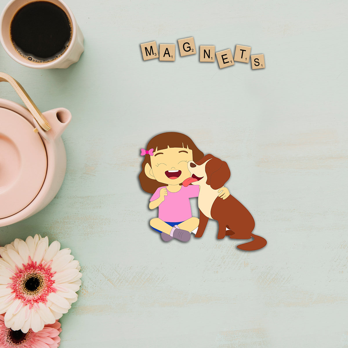Wooden Fridge Magnet - Girl & Dog