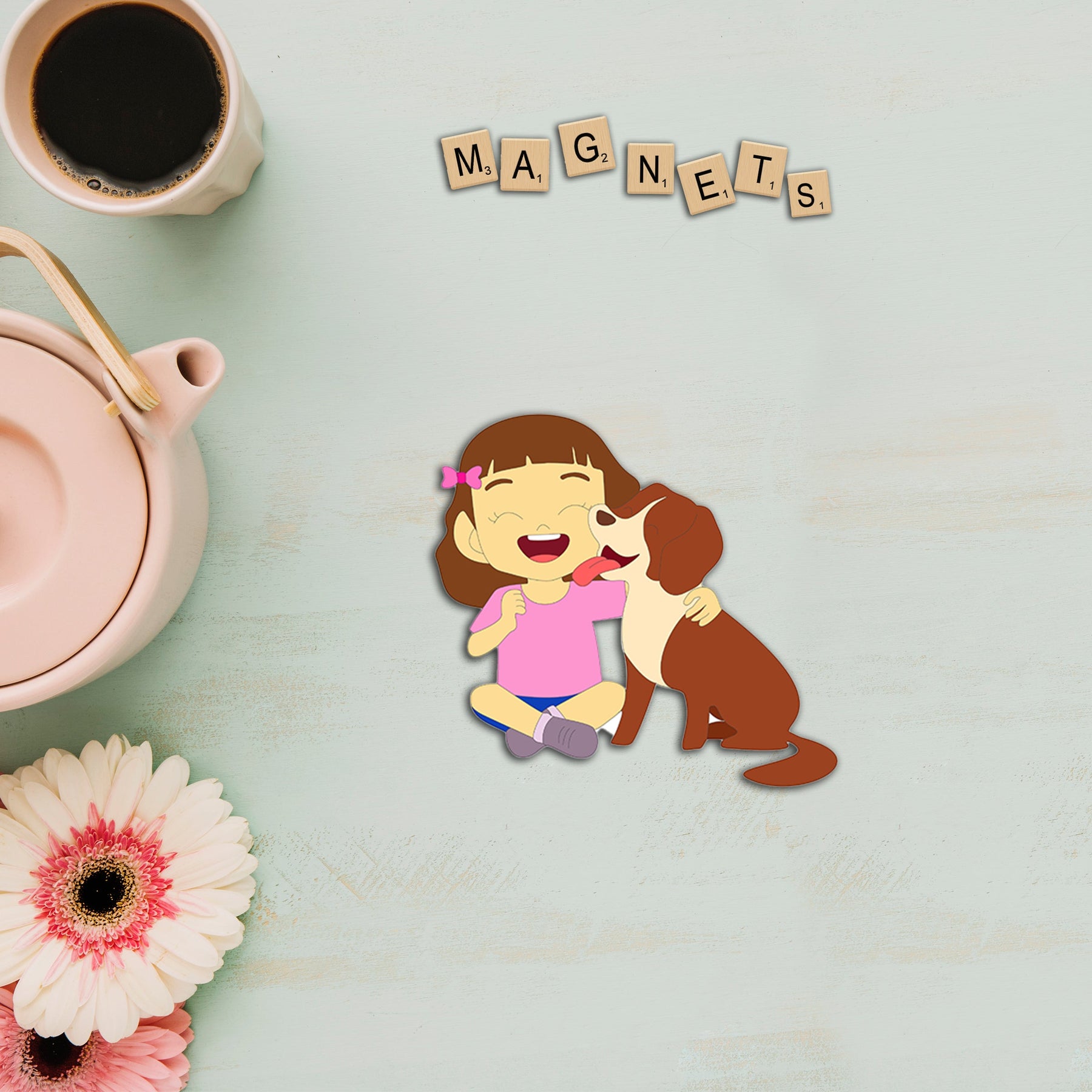 Wooden Fridge Magnet - Girl & Dog