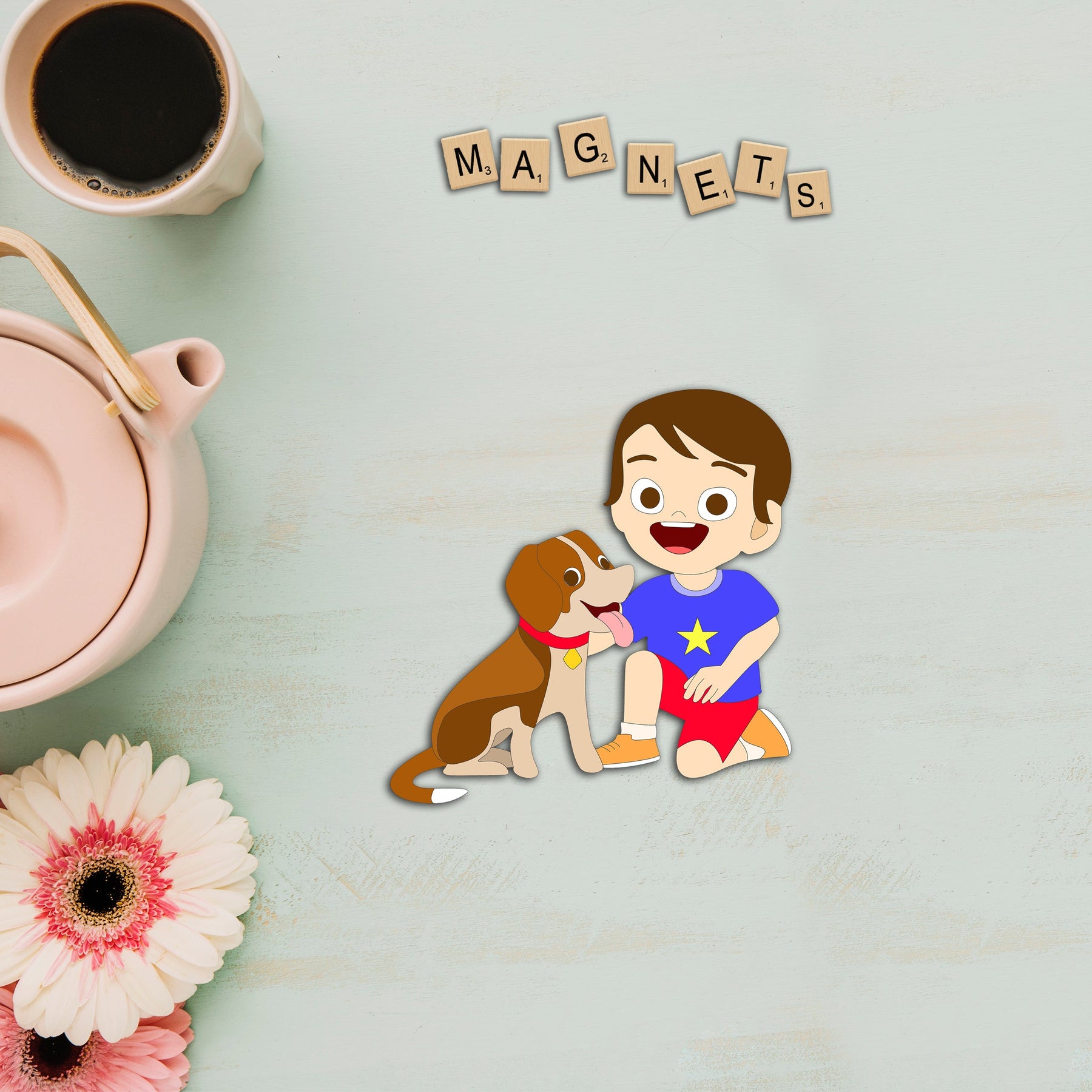 Wooden Fridge Magnet - Boy & Dog