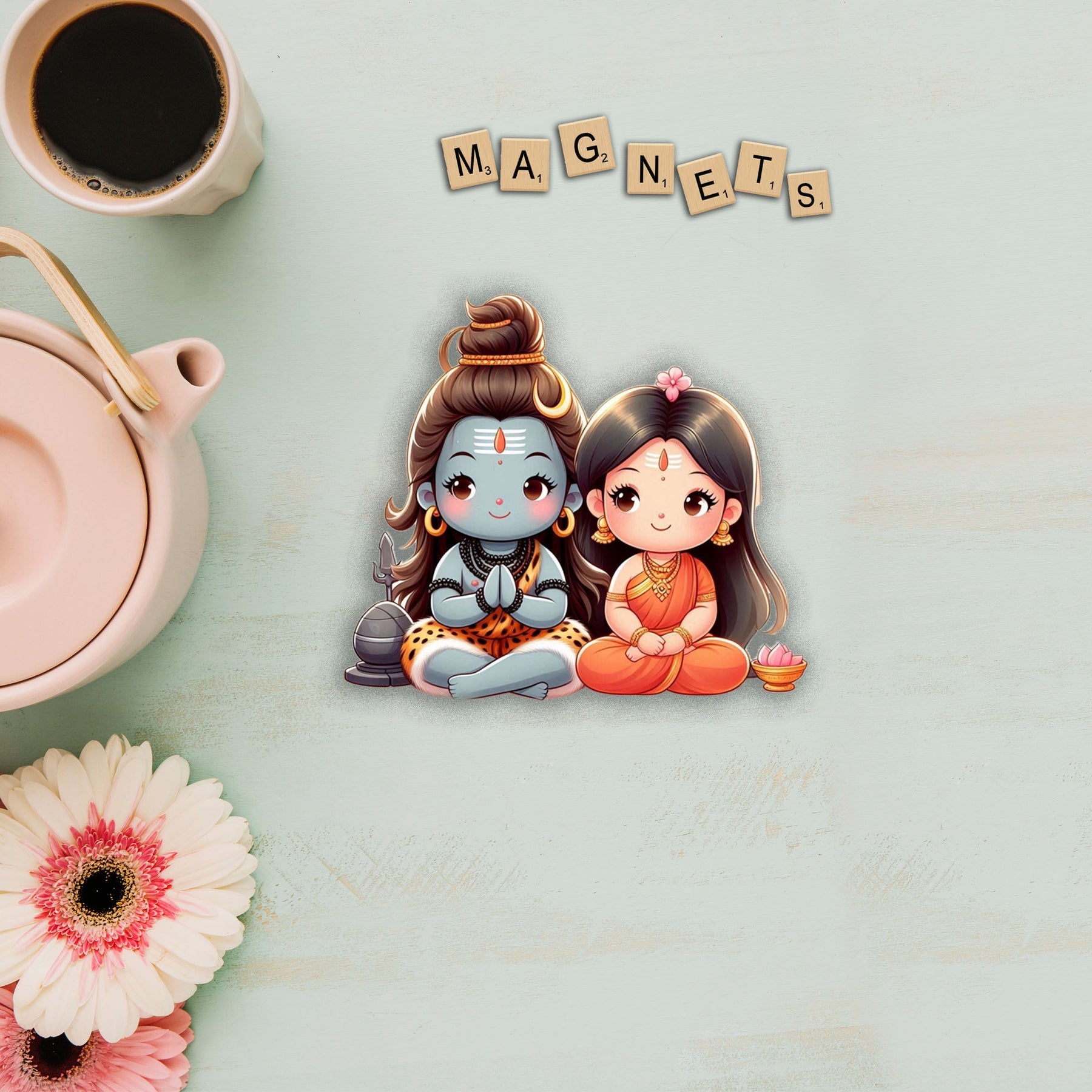 Wooden Fridge Magnet - Cute Shiv Parvati
