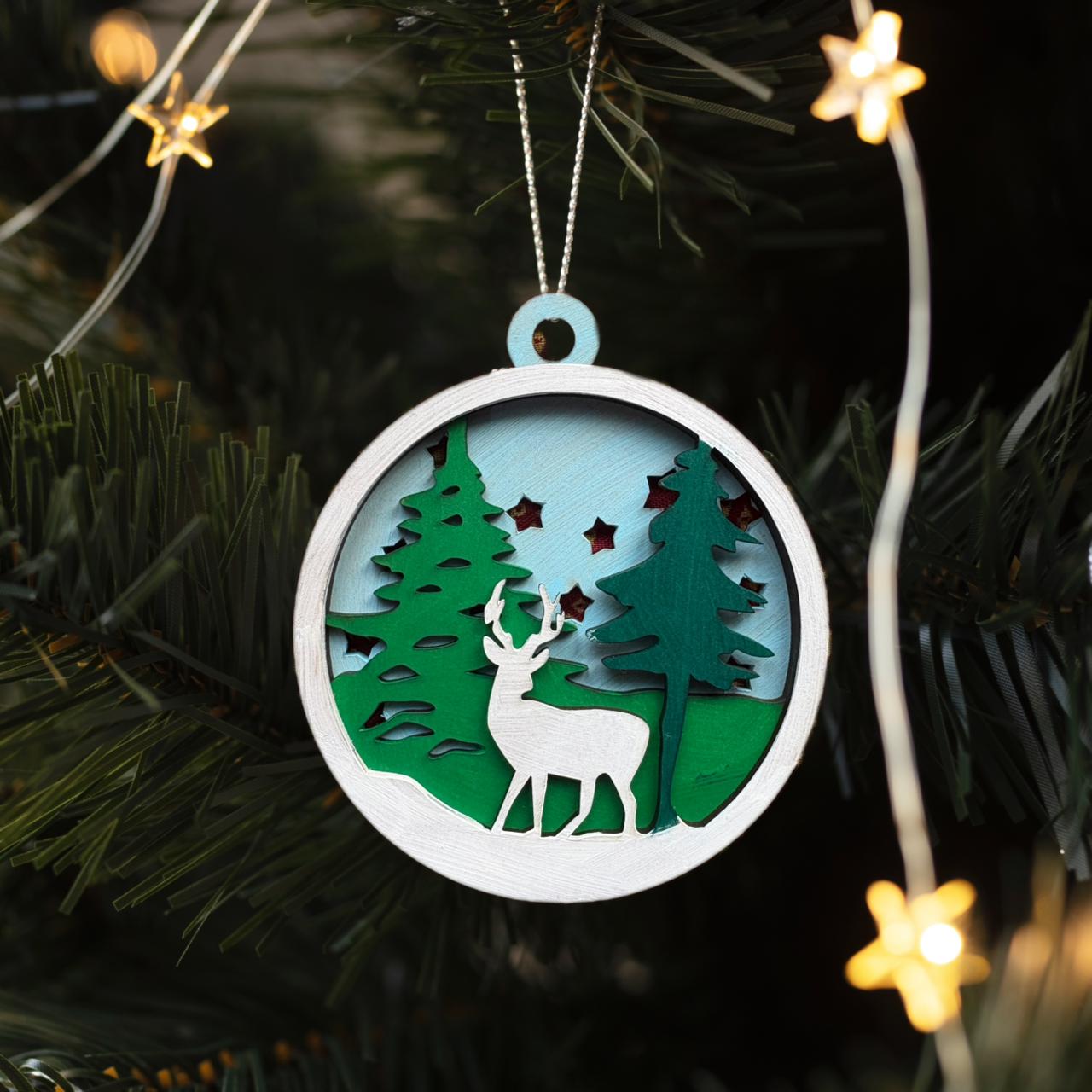 3 Layer MDF Christmas / Xmas Hanging - Deer in Forest