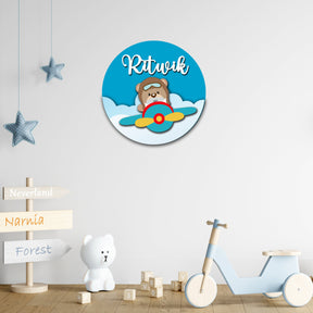 Kids Name Plate 2 Layer - Teddy Bear on Plane