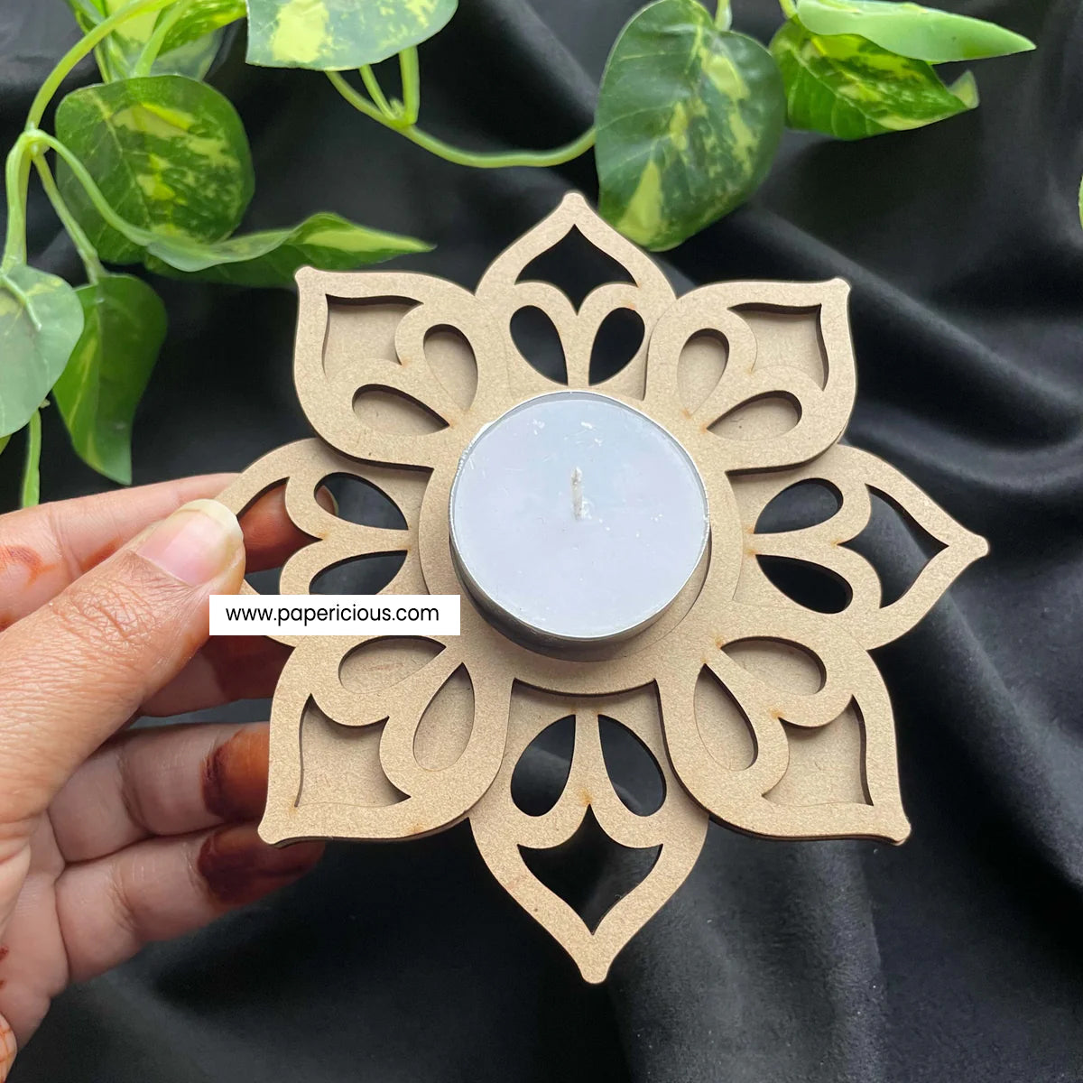 MDF Tea Light Holder 2 Layered - Flower Square in Square