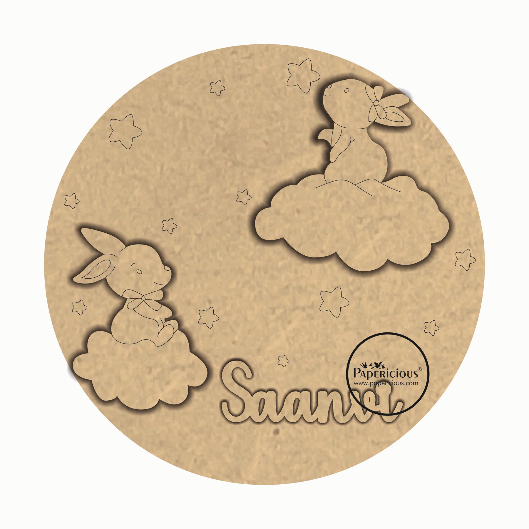 Round Customised Nameplate for kids - Bunny on Clouds