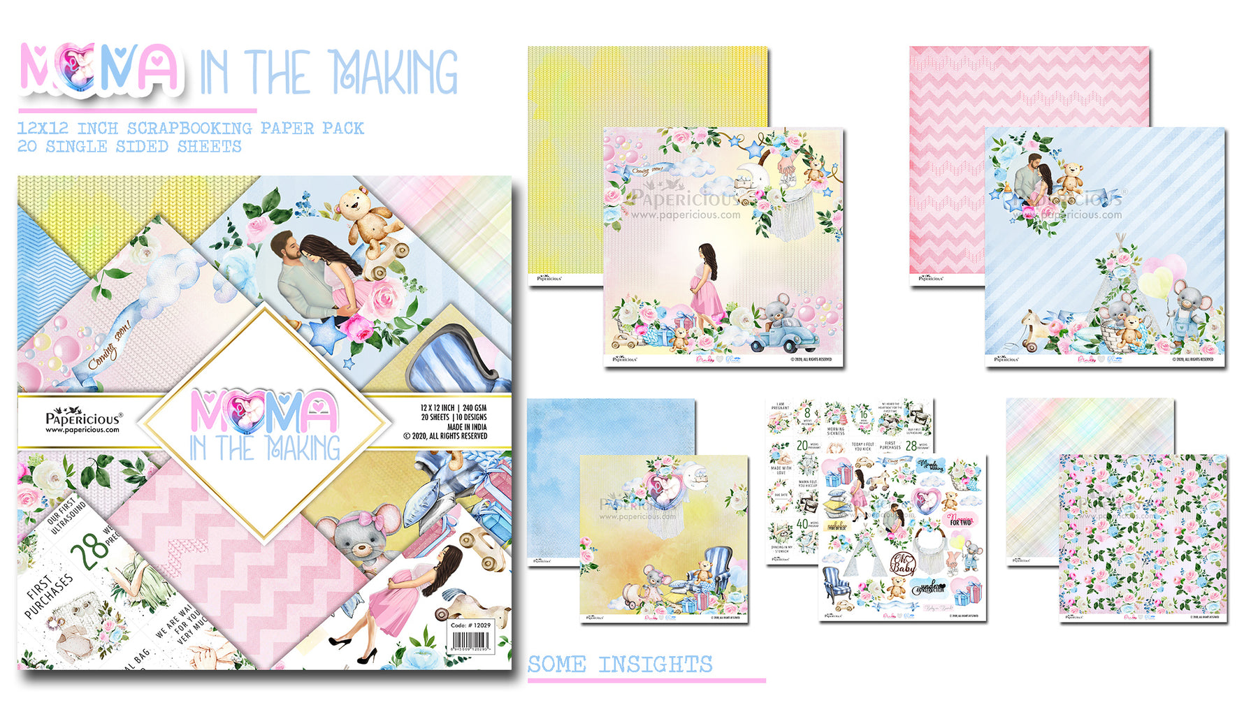 PAPERICIOUS - Mama in the Making -  Designer Pattern Printed Scrapbook Papers 12x12 inch  / 20 sheets