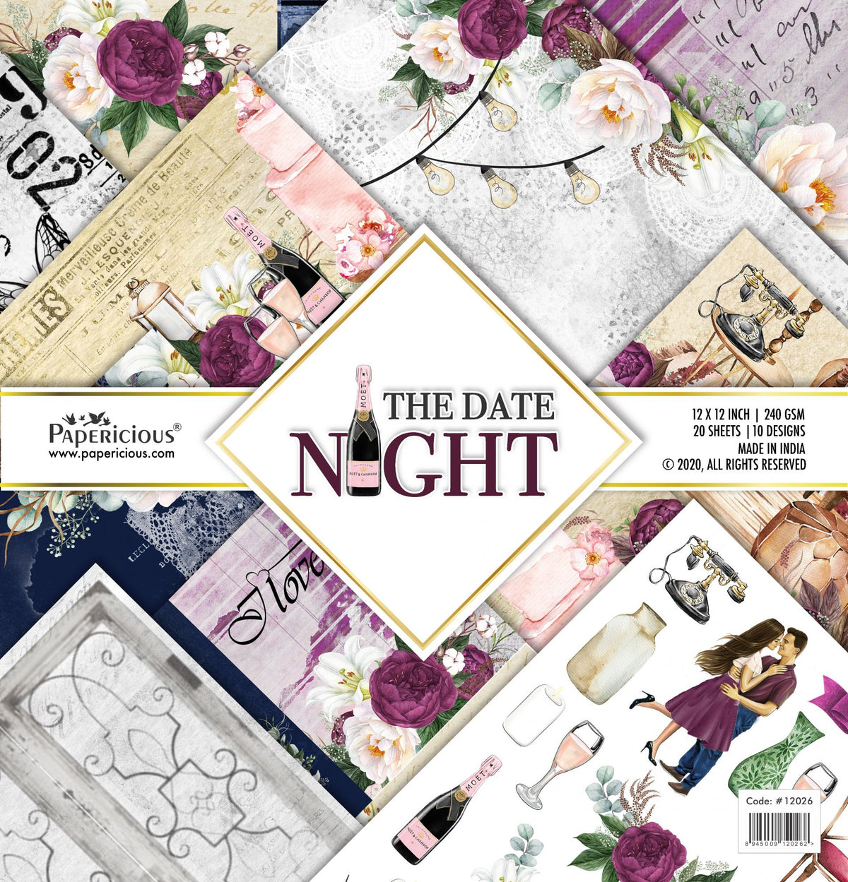 PAPERICIOUS - The Date Night -  Designer Pattern Printed Scrapbook Papers 12x12 inch  / 20 sheets