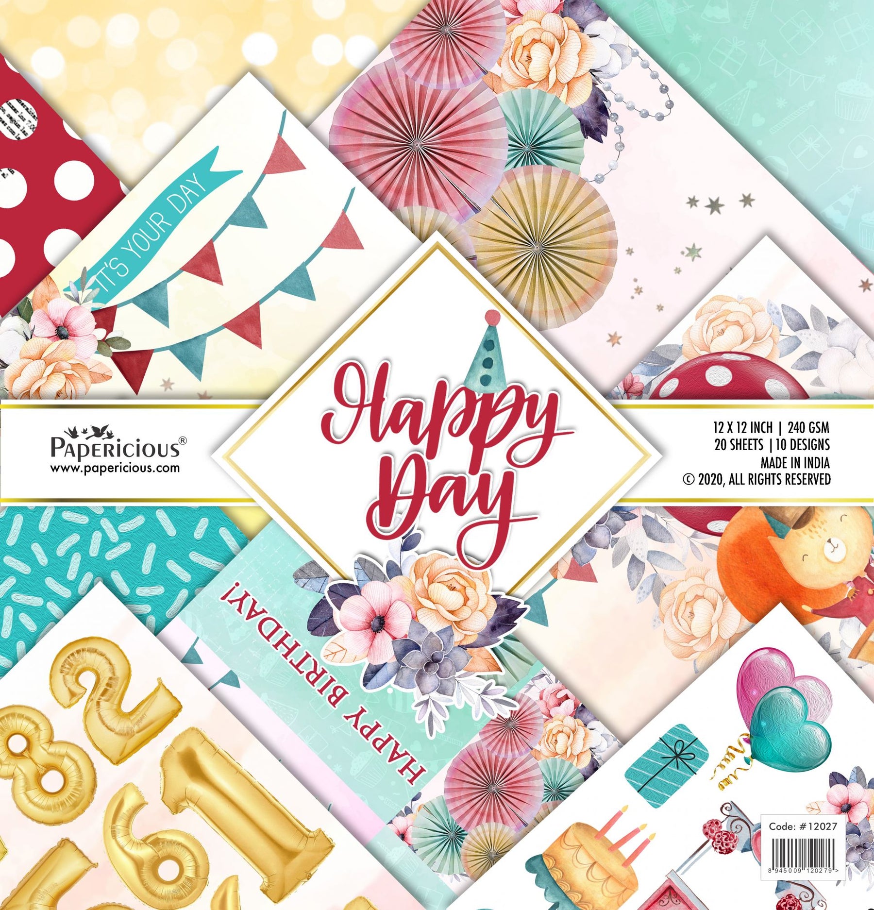 PAPERICIOUS - Happy Day -  Designer Pattern Printed Scrapbook Papers 12x12 inch  / 20 sheets