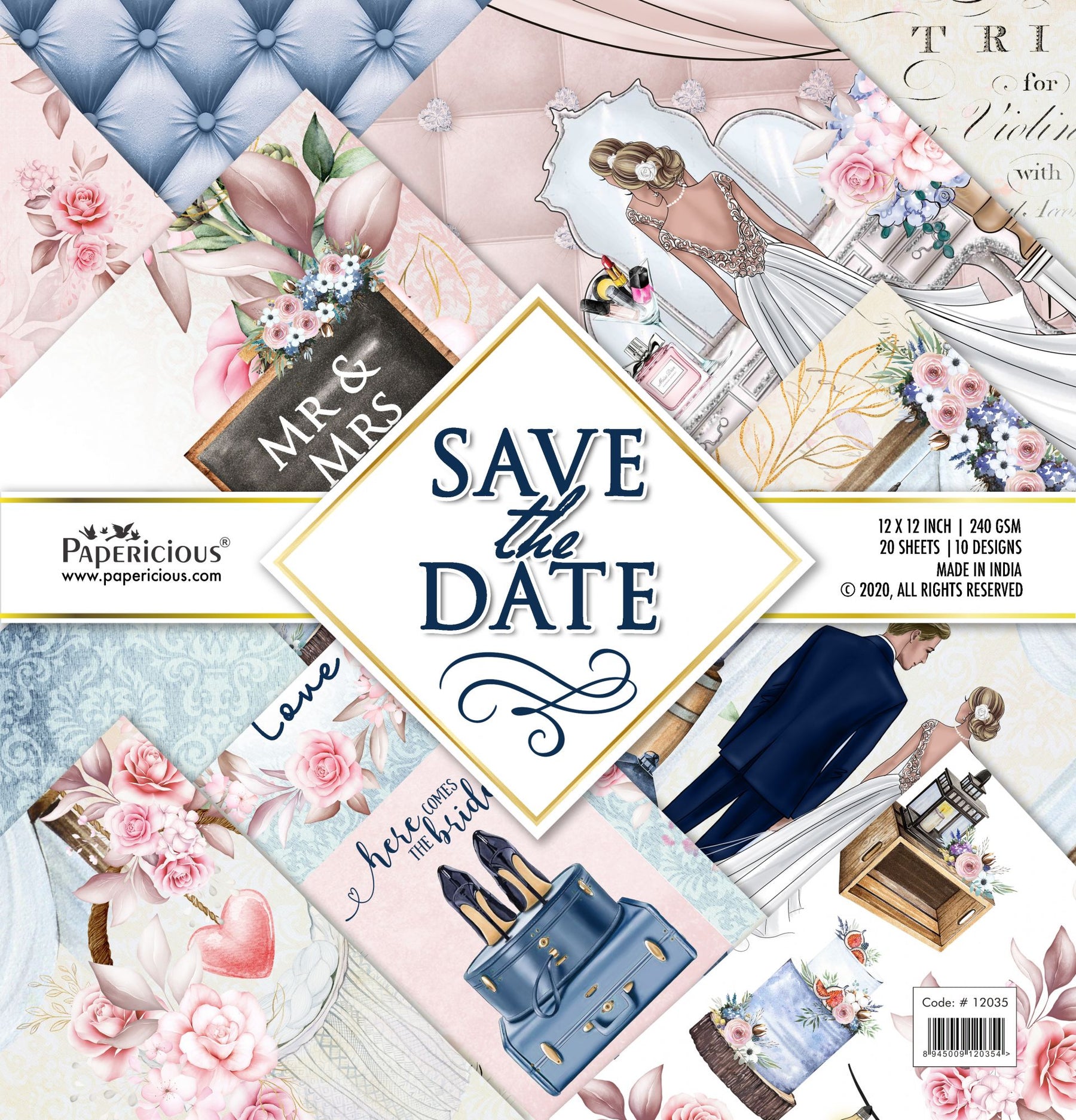 PAPERICIOUS - Save the Date -  Designer Pattern Printed Scrapbook Papers 12x12 inch  / 20 sheets