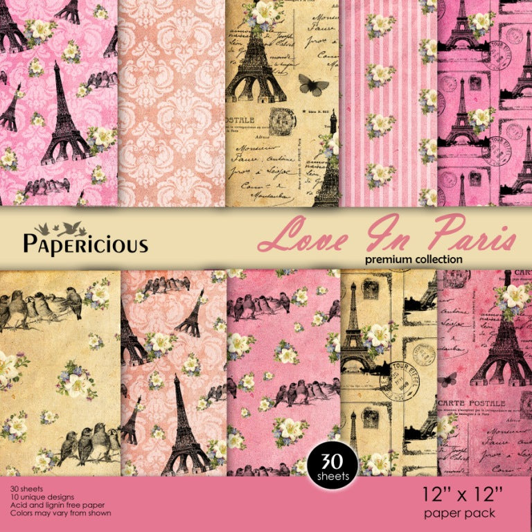 PAPERICIOUS - Love in Paris -  Designer Pattern Printed Scrapbook Papers 12x12 inch / 30 sheets