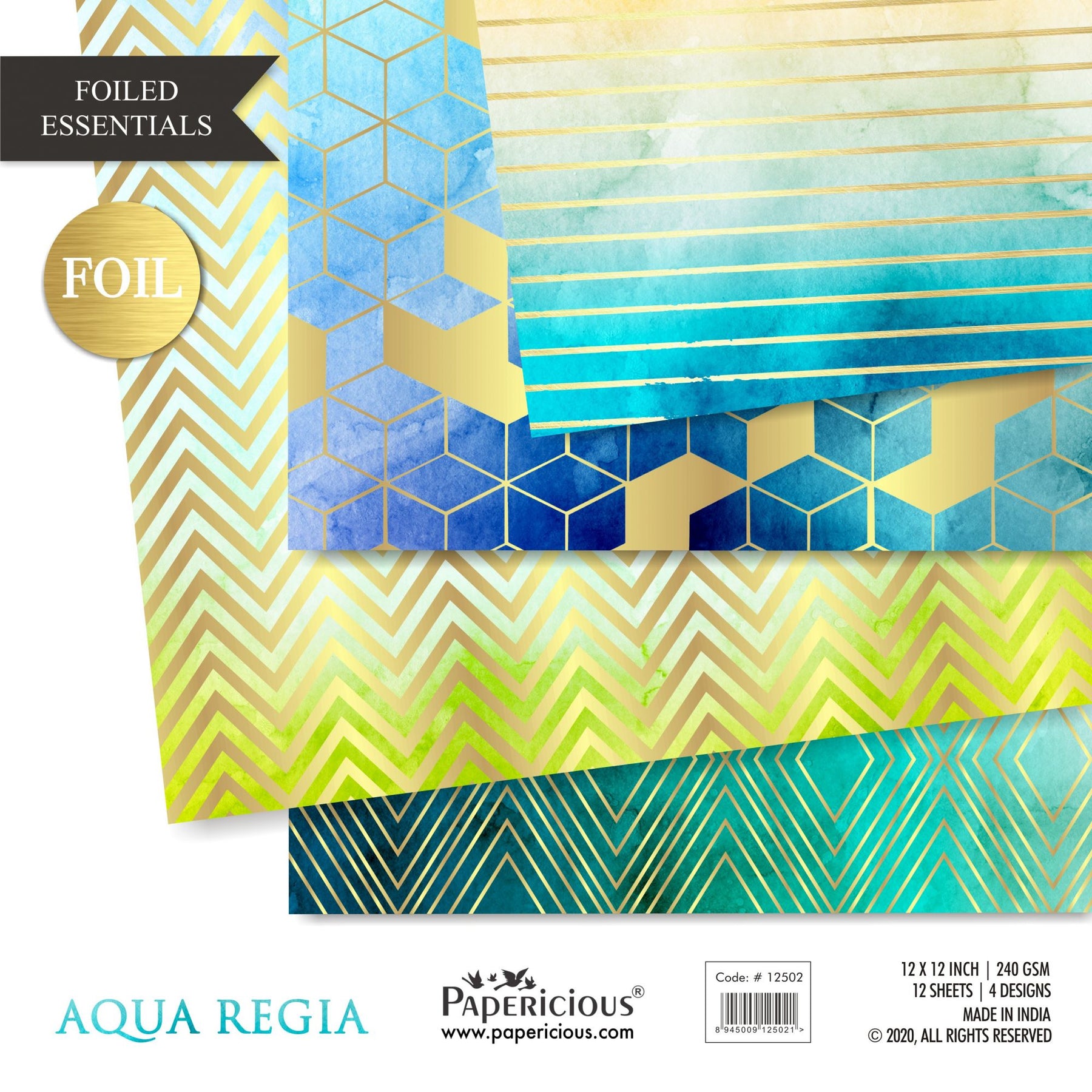 Papericious - Aqua Regia - Golden Foiled Pattern Scrapbook Papers 12x12 inch / 12 sheets