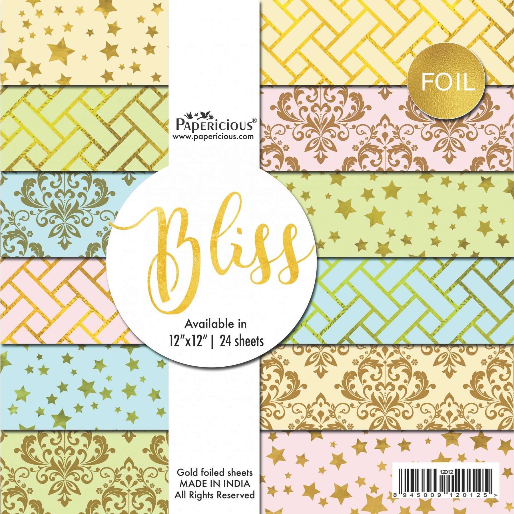 PAPERICIOUS - Bliss - Golden Foiled Designer Pattern Printed Scrapbook Papers 12x12 inch  / 24 sheets