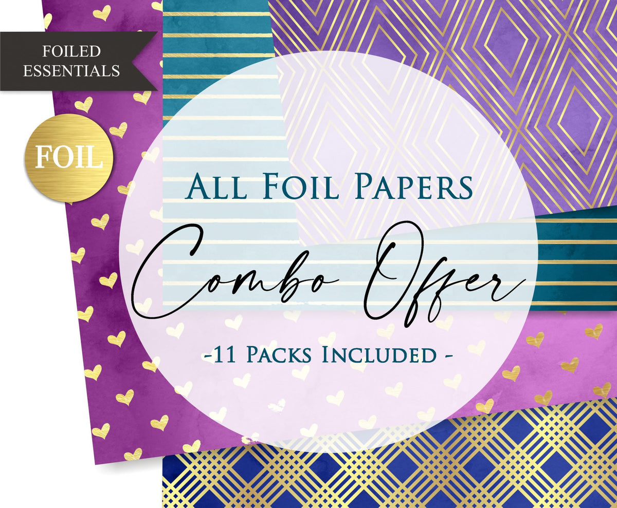 Papericious - Combo of 11 Foiled Essentials Scrapbooks - Golden Foiled Pattern Scrapbook Papers 12x12 inch