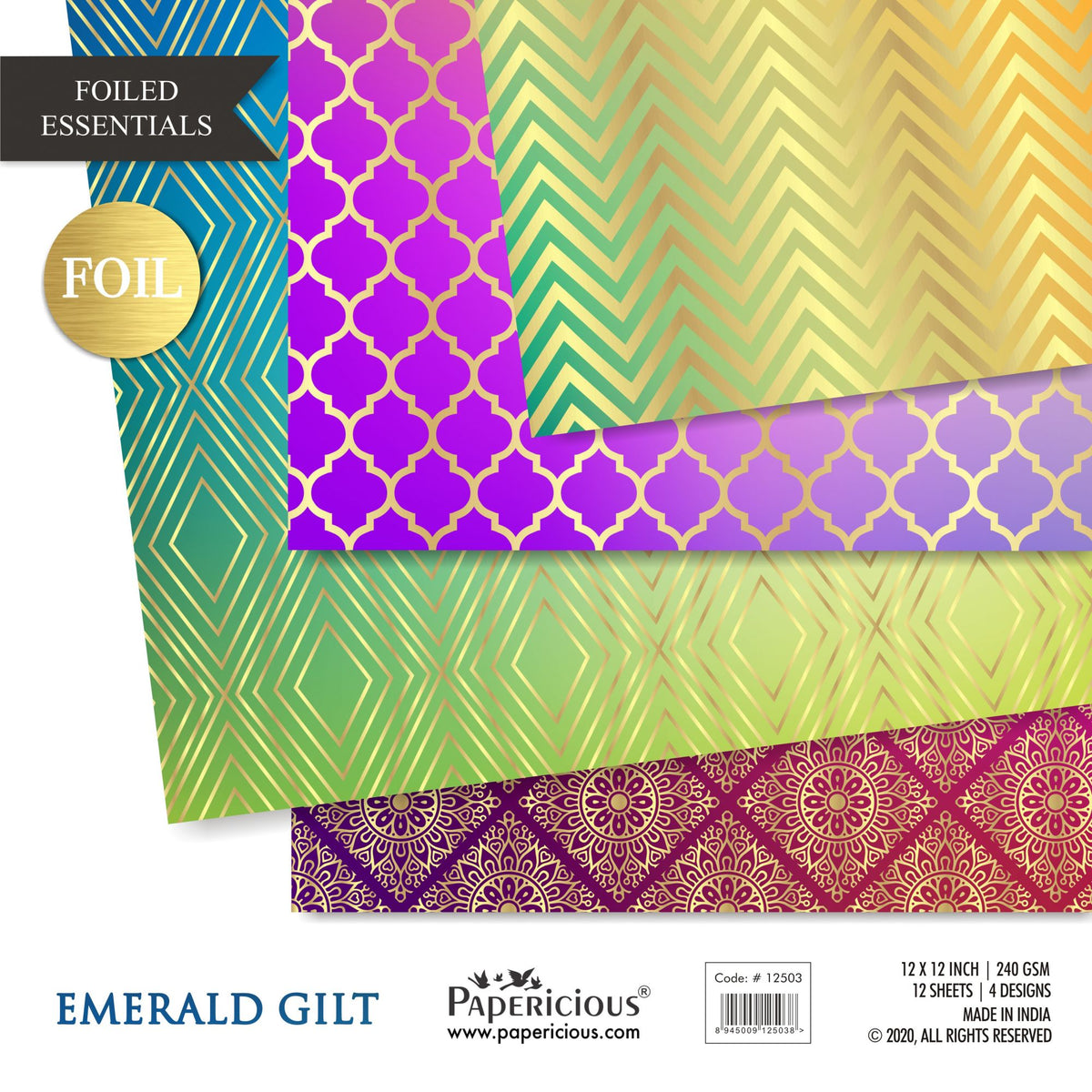 Papericious - Emerald Gilt - Golden Foiled Pattern Scrapbook Papers 12x12 inch / 12 sheets