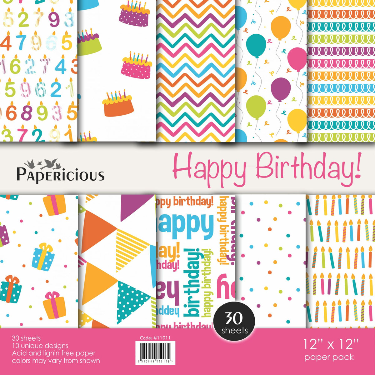 PAPERICIOUS - Happy Birthday -  Designer Pattern Printed Scrapbook Papers / 30 sheets