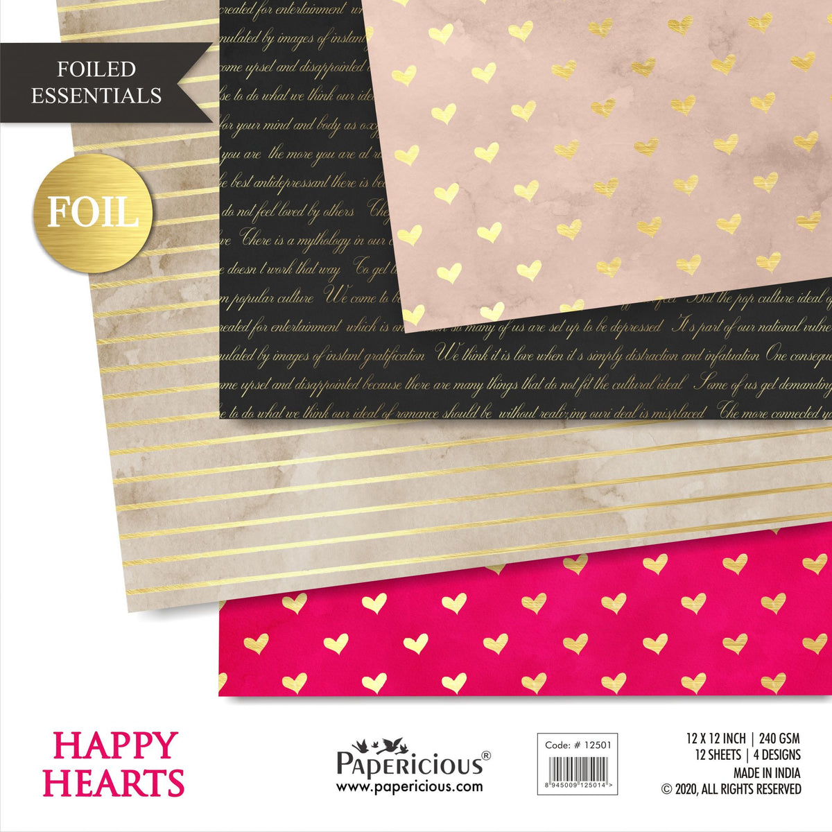 Papericious - Happy Hearts - Golden Foiled Pattern Scrapbook Papers 12x12 inch / 12 sheets