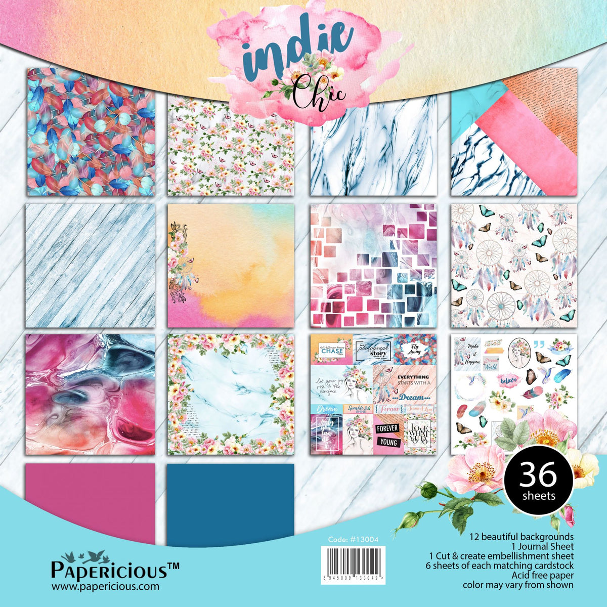 PAPERICIOUS - Indie Chic - Designer Pattern Printed Scrapbook Papers 12x12 inch / 36 sheets