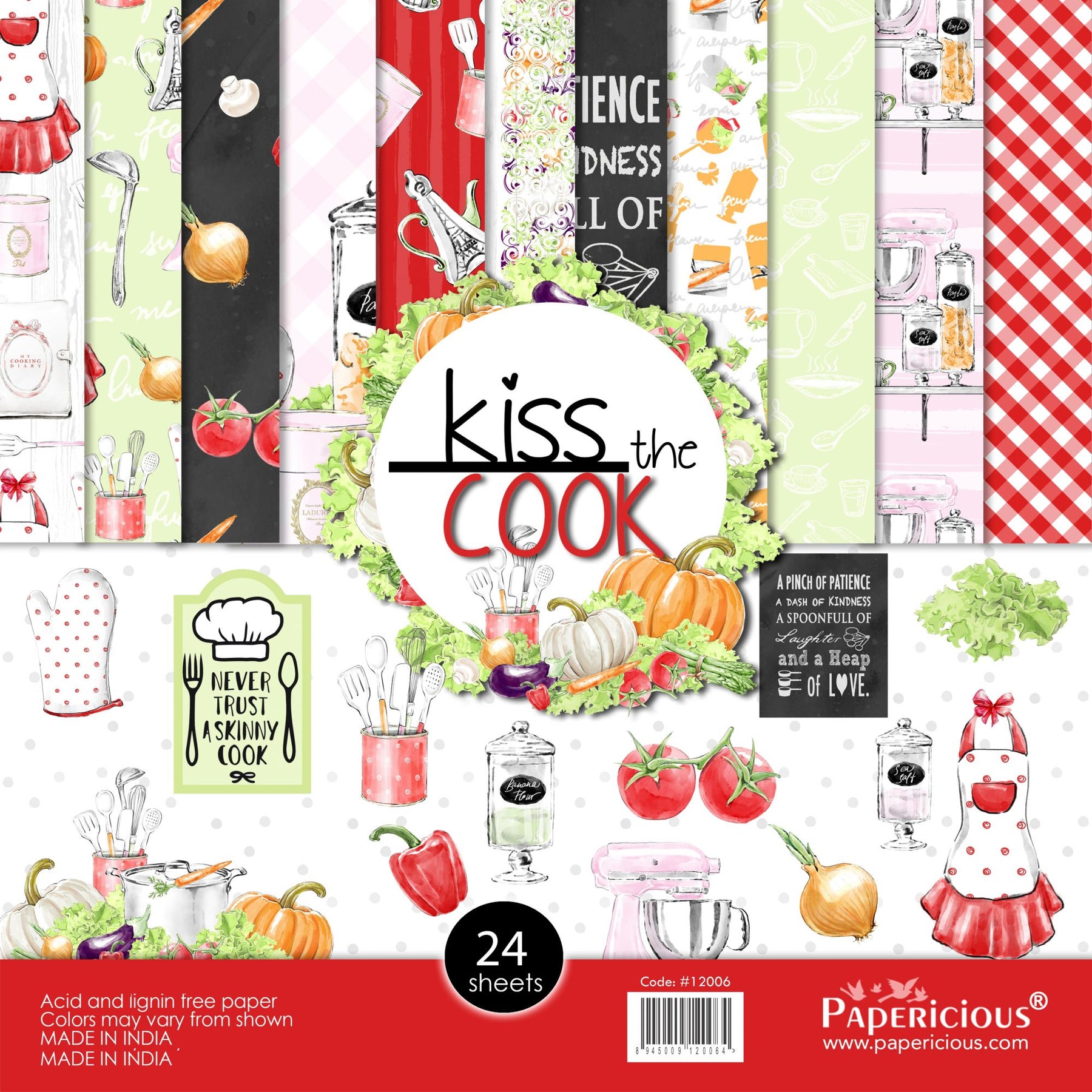 PAPERICIOUS - Kiss the Cook -  Designer Pattern Printed Scrapbook Papers / 24 sheets