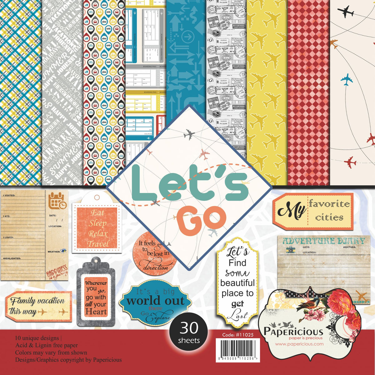 PAPERICIOUS - Lets Go -  Designer Pattern Printed Scrapbook Papers 12x12 inch / 30 sheets