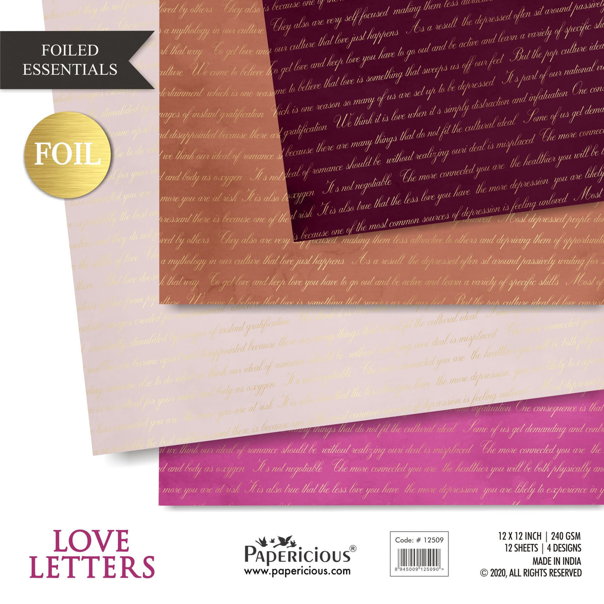 Papericious - Love Letters - Golden Foiled Pattern Scrapbook Papers 12x12 inch / 12 sheets