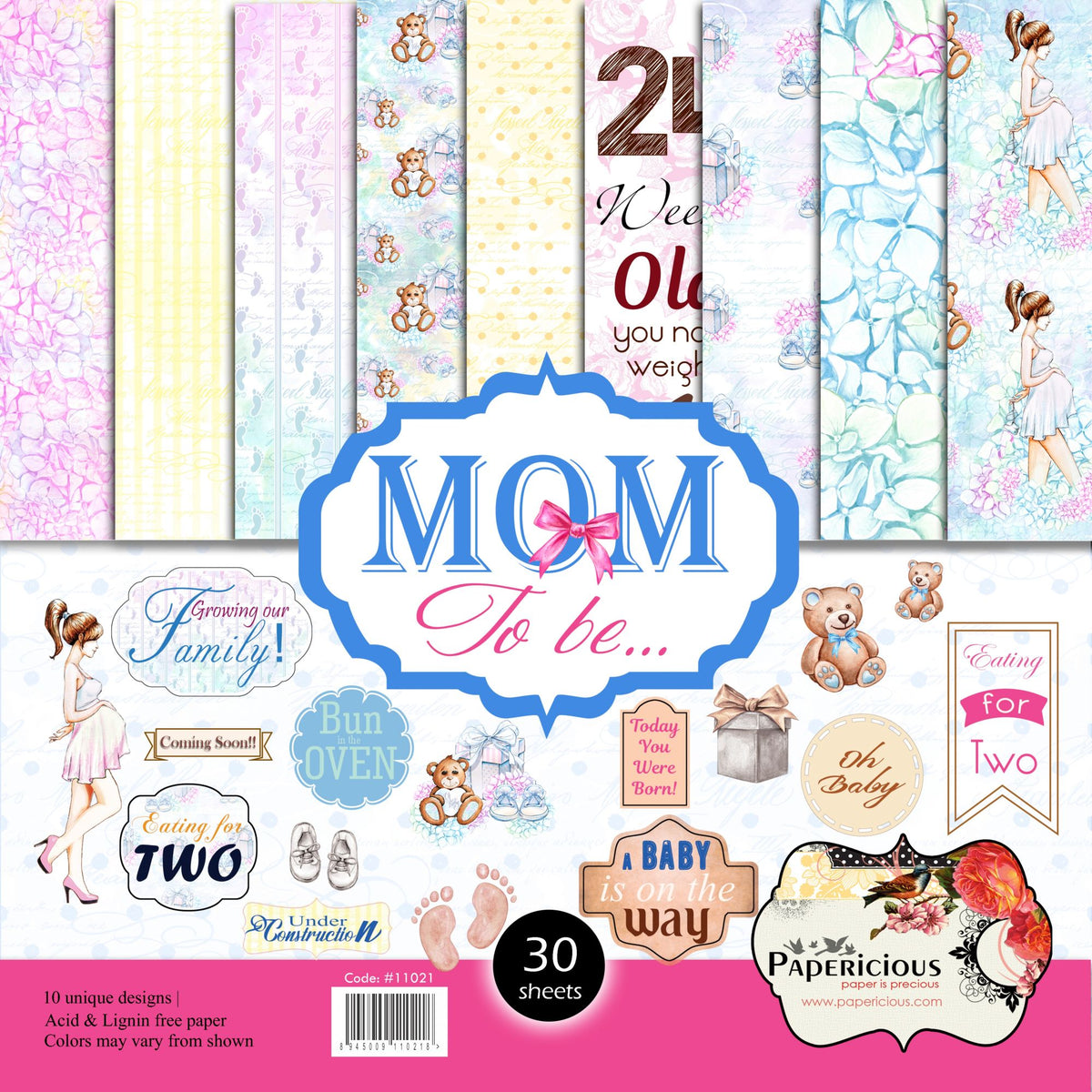 PAPERICIOUS - Mom To Be -  Designer Pattern Printed Scrapbook Papers / 30 sheets