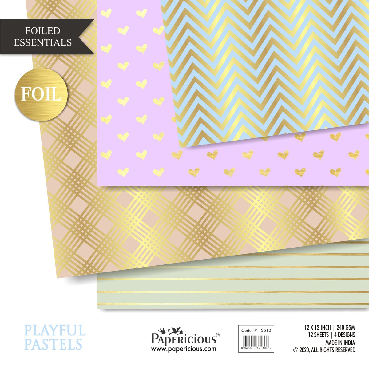 Papericious - Playful Pastels - Golden Foiled Pattern Scrapbook Papers 12x12 inch / 12 sheets