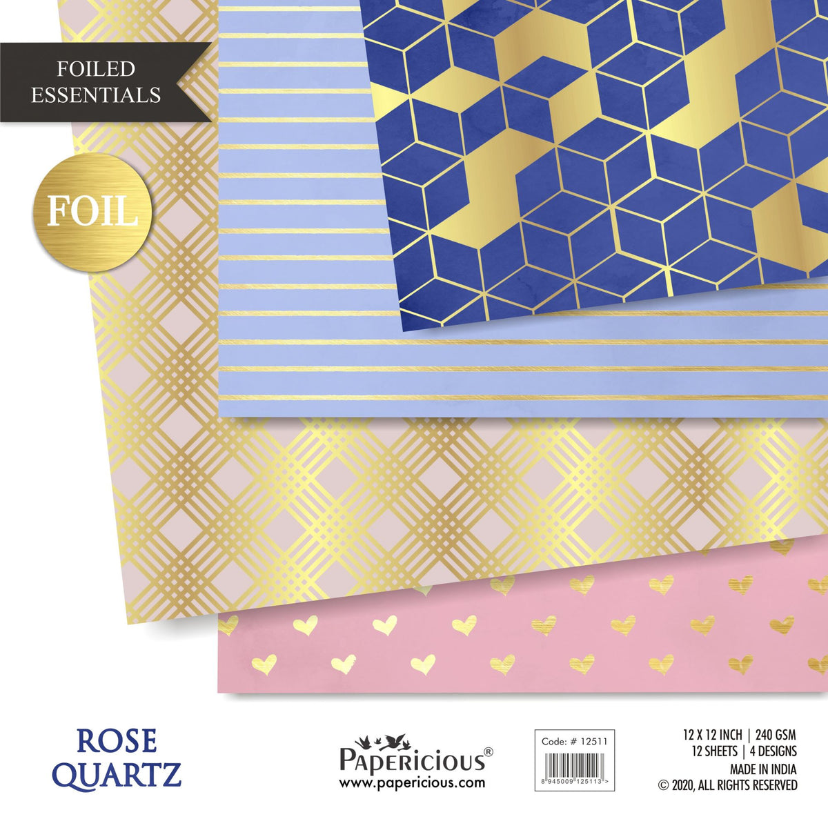 Papericious - Rose Quartz - Golden Foiled Pattern Scrapbook Papers 12x12 inch / 12 sheets