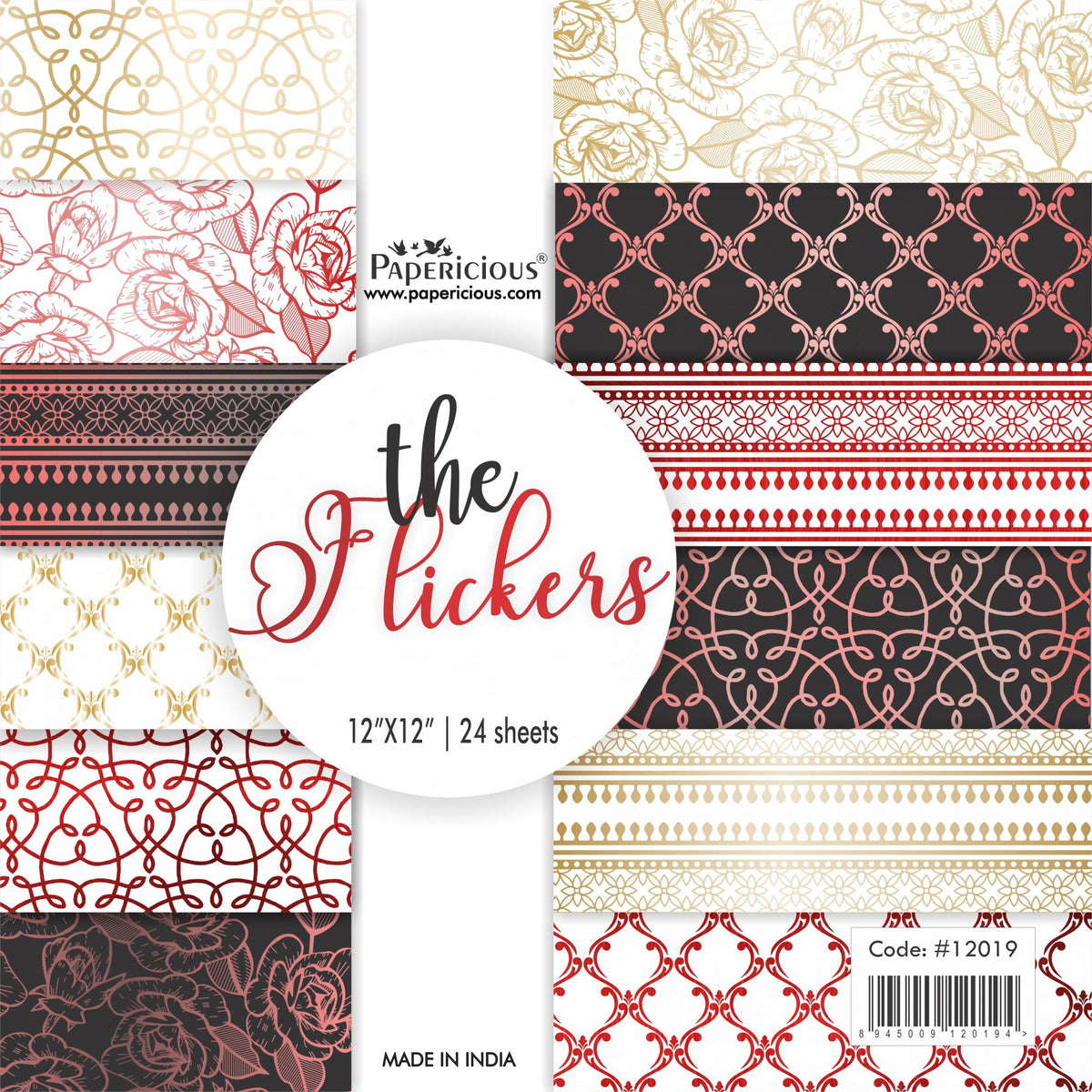 PAPERICIOUS - The Flickers - Golden Rosegold and Red Foiled Designer Pattern Printed Scrapbook Papers 12x12 inch  / 24 sheets